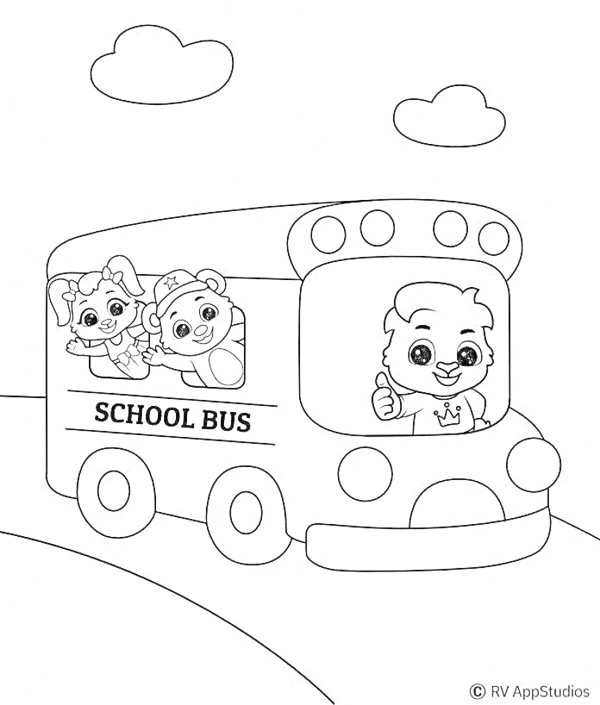 На раскраске изображено: Бэби бас, Автобус, Школьный автобус, Водитель, Облака