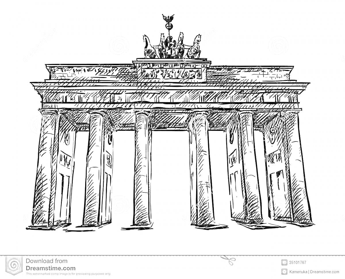 На раскраске изображено: Бранденбургские ворота, Берлин, Архитектура, Ворота, Германия, Колонны, Квадрига