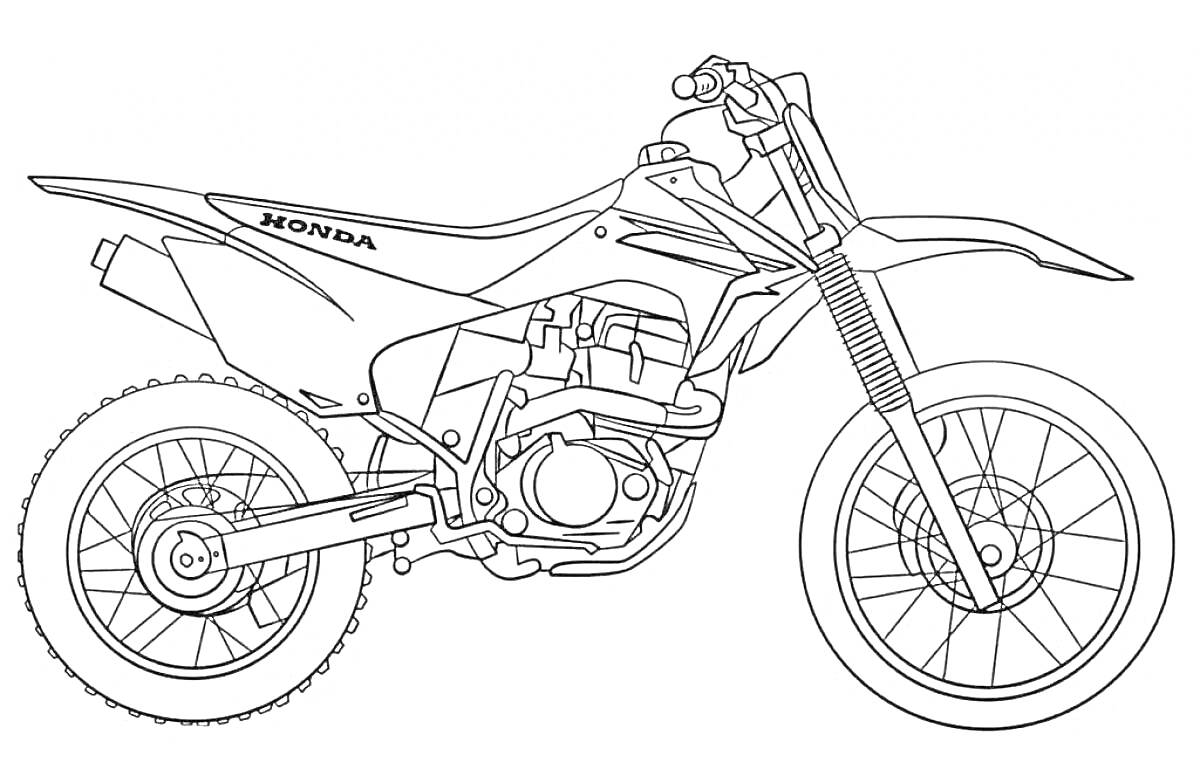 На раскраске изображено: Мотоцикл, Honda, Спортивный мотоцикл, Колёса, Мотор, Рама, Руль