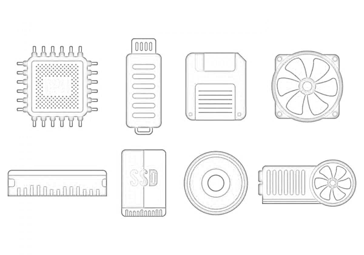 Видеокарта и компоненты (чип, USB, дискета, вентилятор, планка памяти, SSD, диск, вентилятор)