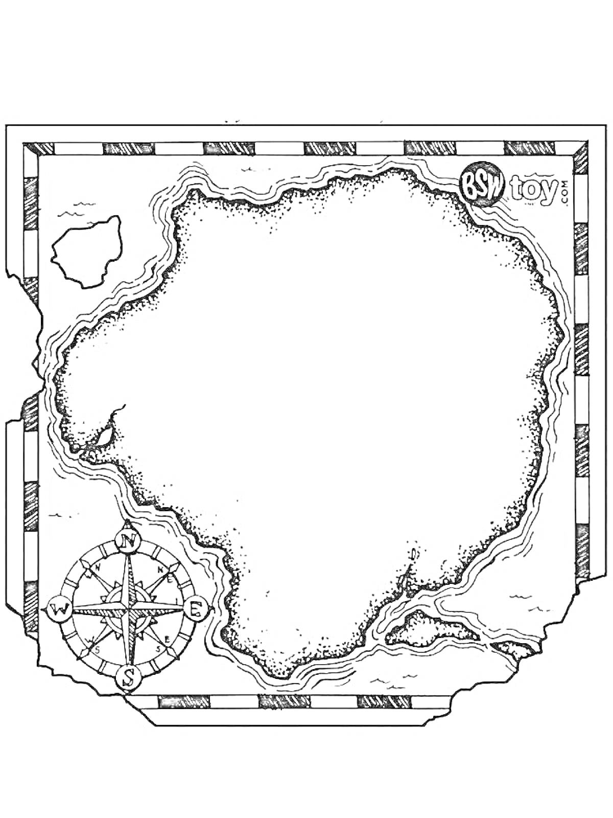 Раскраска Карта сокровищ с островом, окружённым водой, компасом и значком 