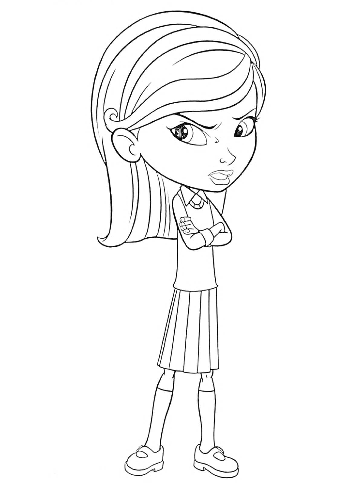 Раскраска Девочка в школьной форме с недовольным выражением лица
