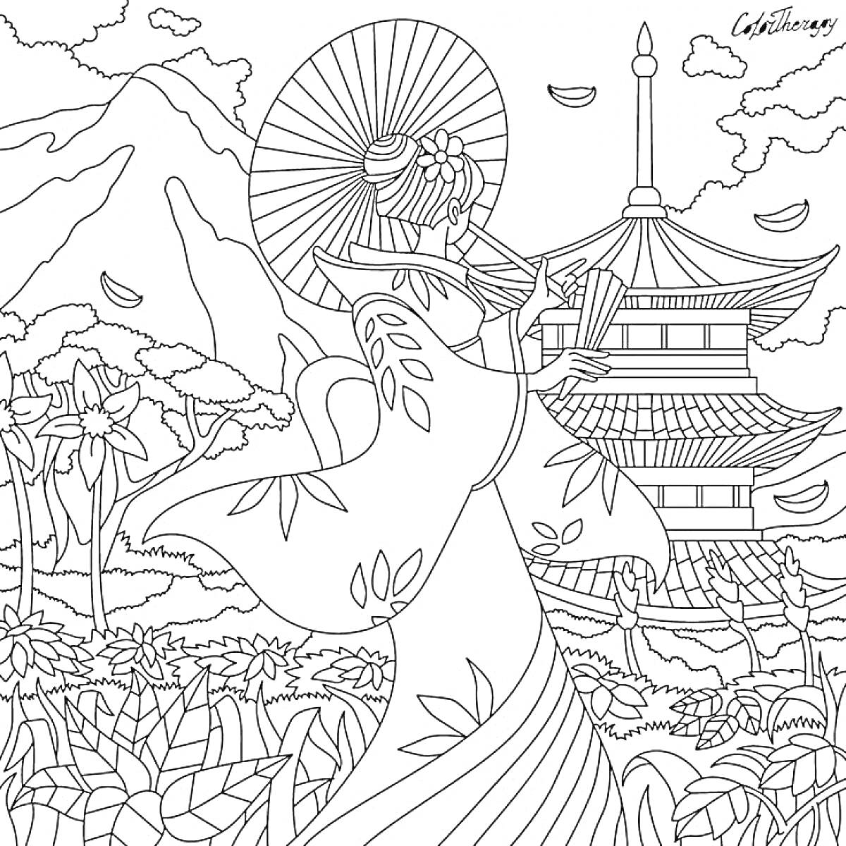 На раскраске изображено: Китай, Традиционная одежда, Зонт, Пагода, Горы, Природа, Листья, Архитектура