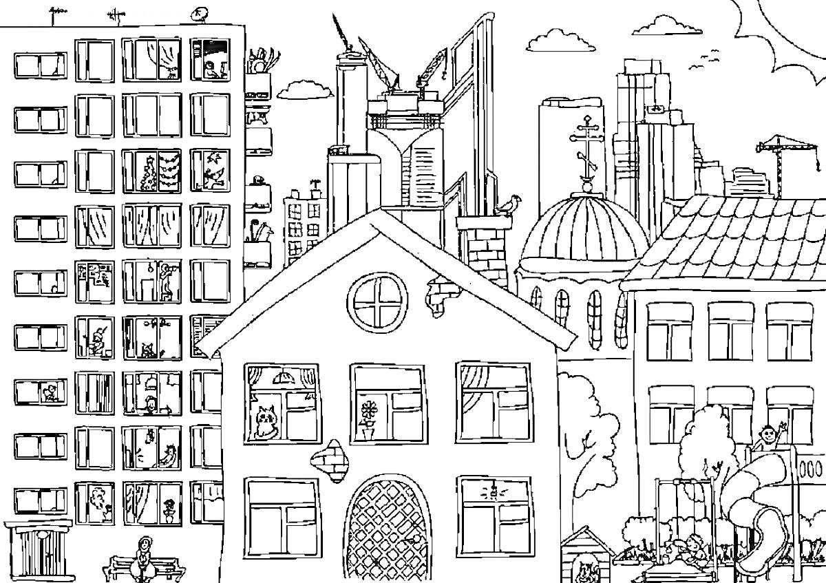 Раскраска Городская улица с домами и небоскребамиЭлементы на фото: - многоквартирный дом с балконами и окнами - дом с треугольной крышей и окнами - небоскребы - купольное здание - деревья - кран на фоне неба - человек на лошади - облака на небе - уличная лампа - 