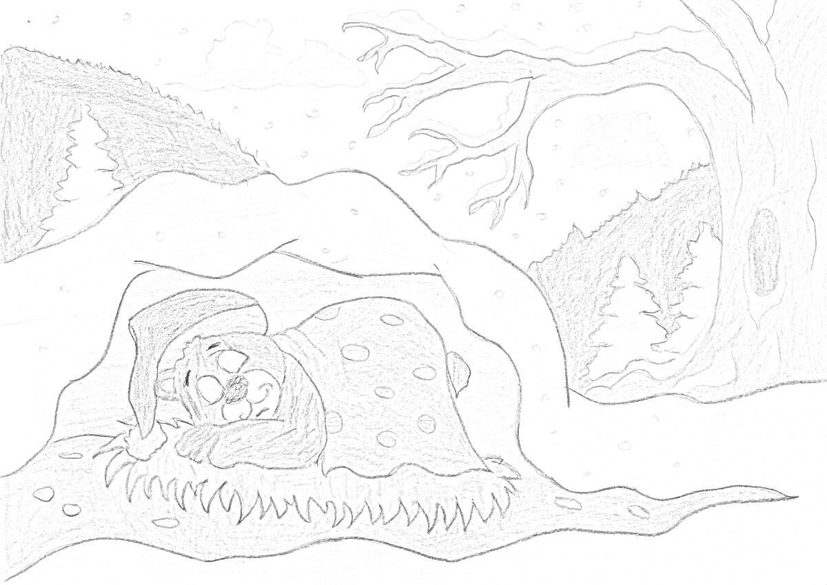 Медведь в берлоге зимой с деревом на переднем плане и заснеженными холмами на заднем