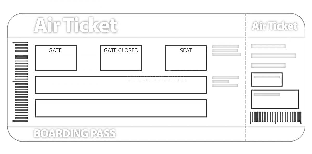 Раскраска билет на самолет с полем для ворот, временем закрытия ворот, местом, штрих-кодами