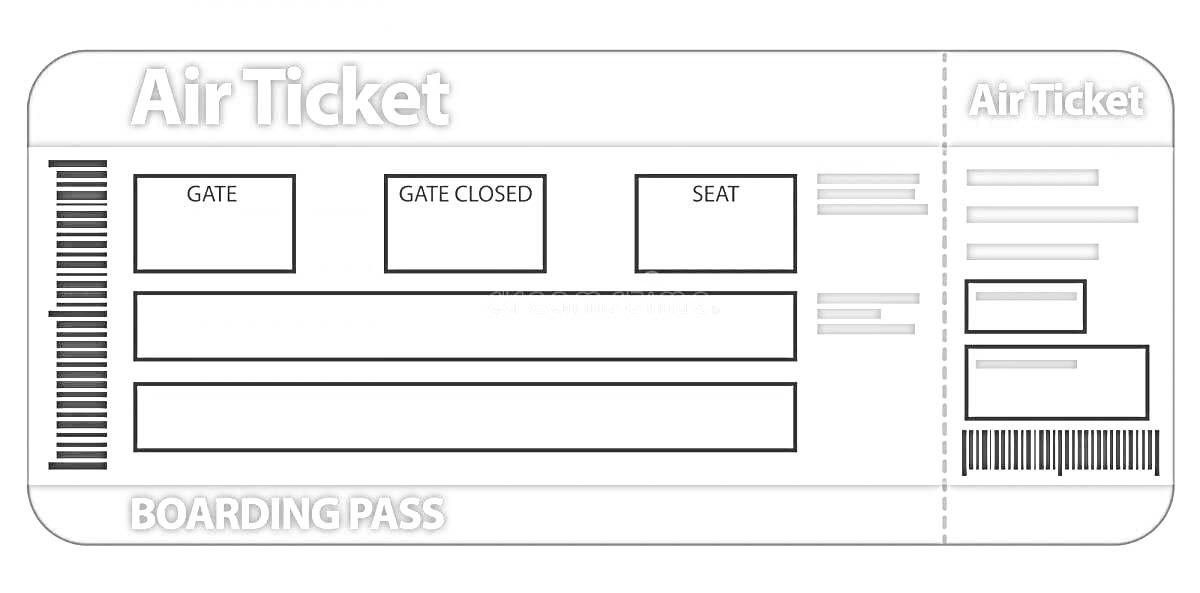 билет на самолет с полем для ворот, временем закрытия ворот, местом, штрих-кодами