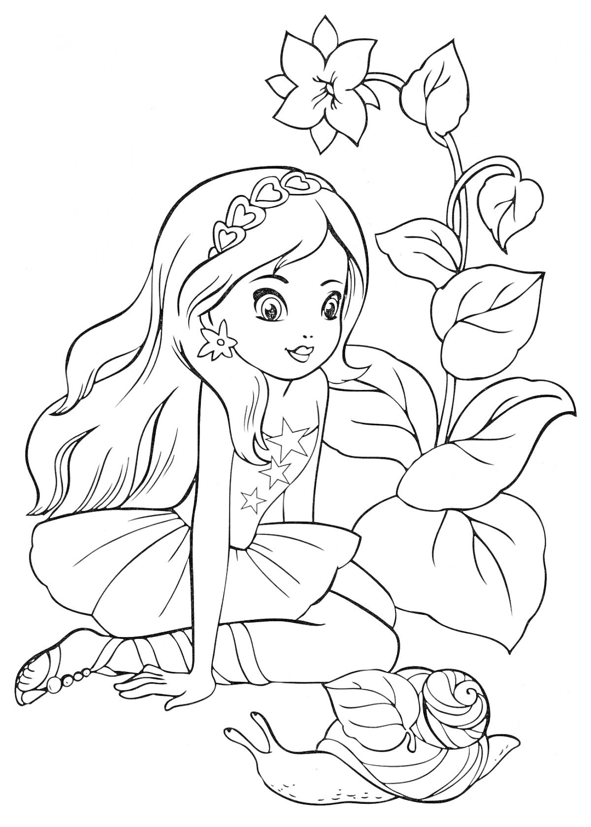 Раскраска Девочка с длинными волосами и цветочным украшением на голове сидит рядом с большим цветком и улиткой.