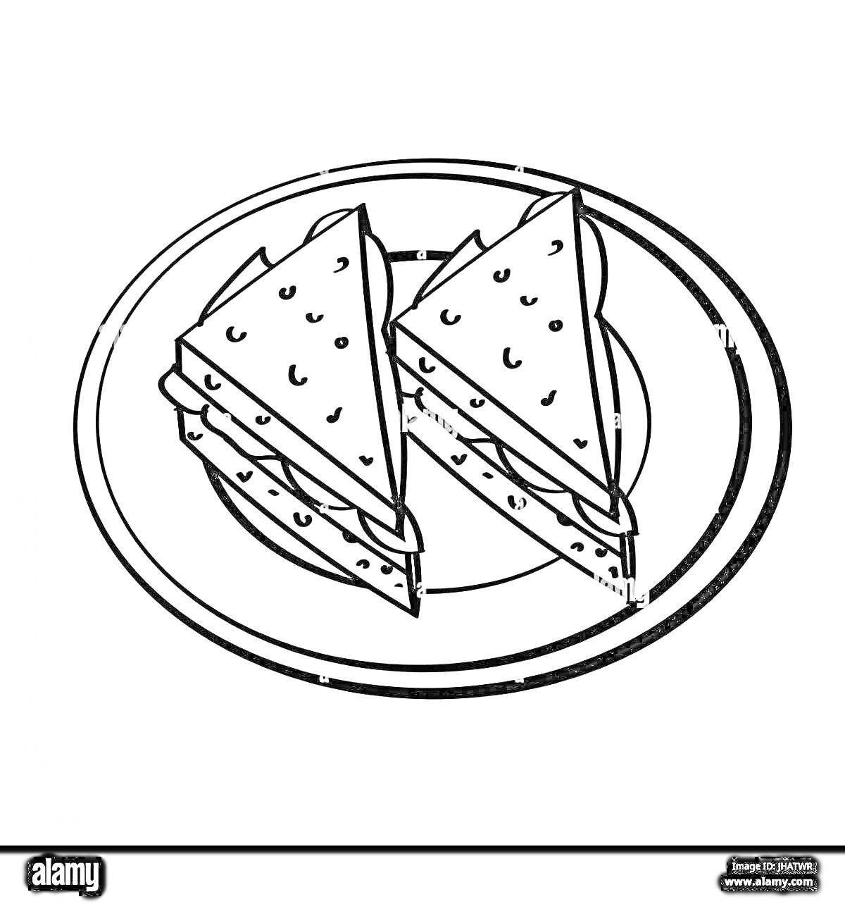 На раскраске изображено: Сэндвич, Бутерброд, Тарелка, Еда, Треугольники, Обед, Перекус, Для детей, Кухня