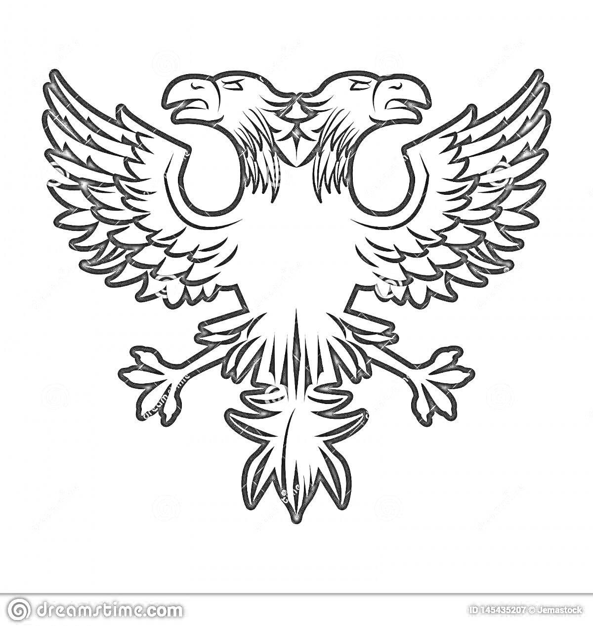 На раскраске изображено: Двуглавый орел, Орел, Птица, Для детей, Крылья, Контурные рисунки, Символы