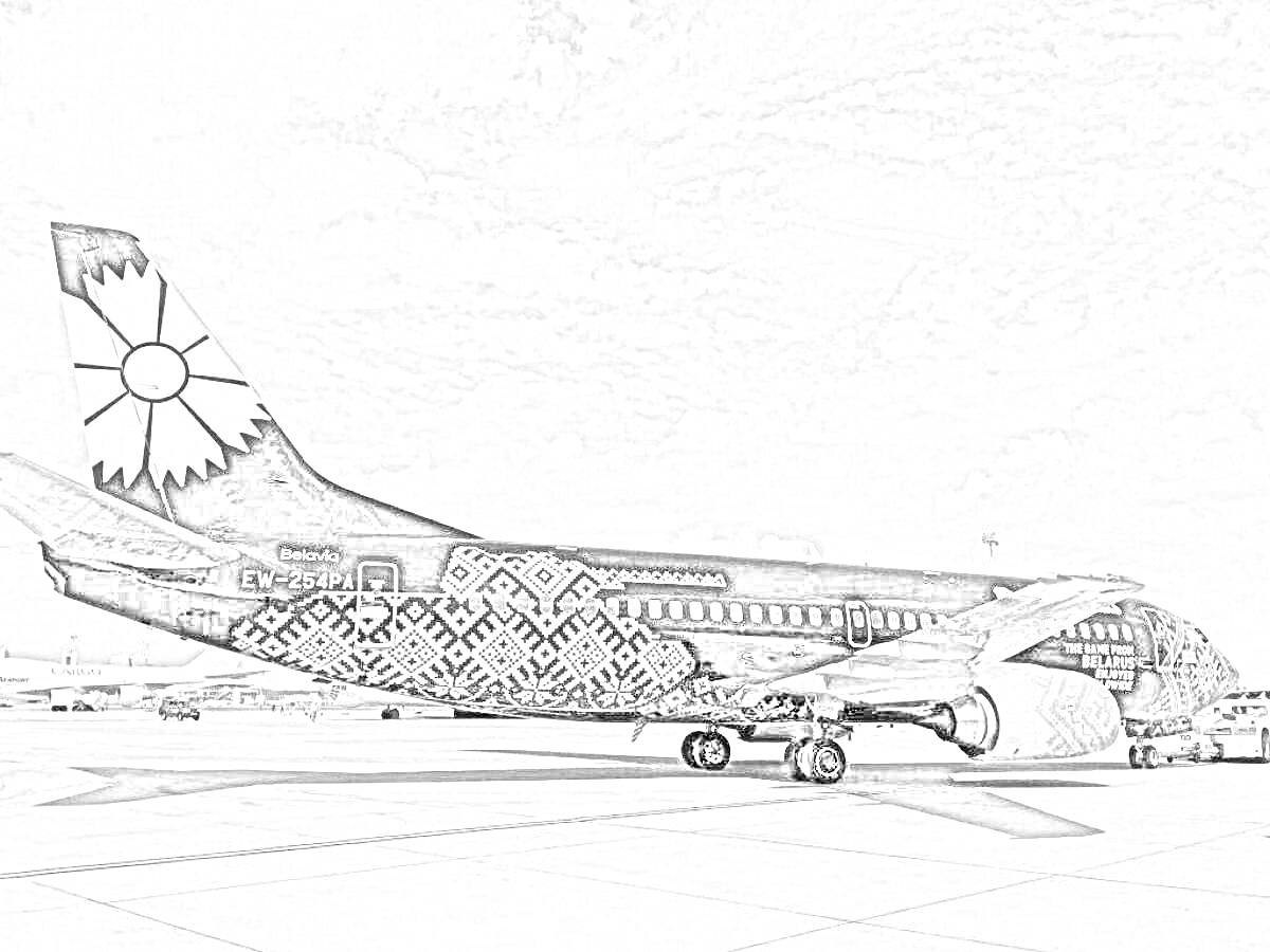 Раскраска Самолет с белым логотипом цветка на хвосте и геометрическим узором на задней части фюзеляжа авиакомпании