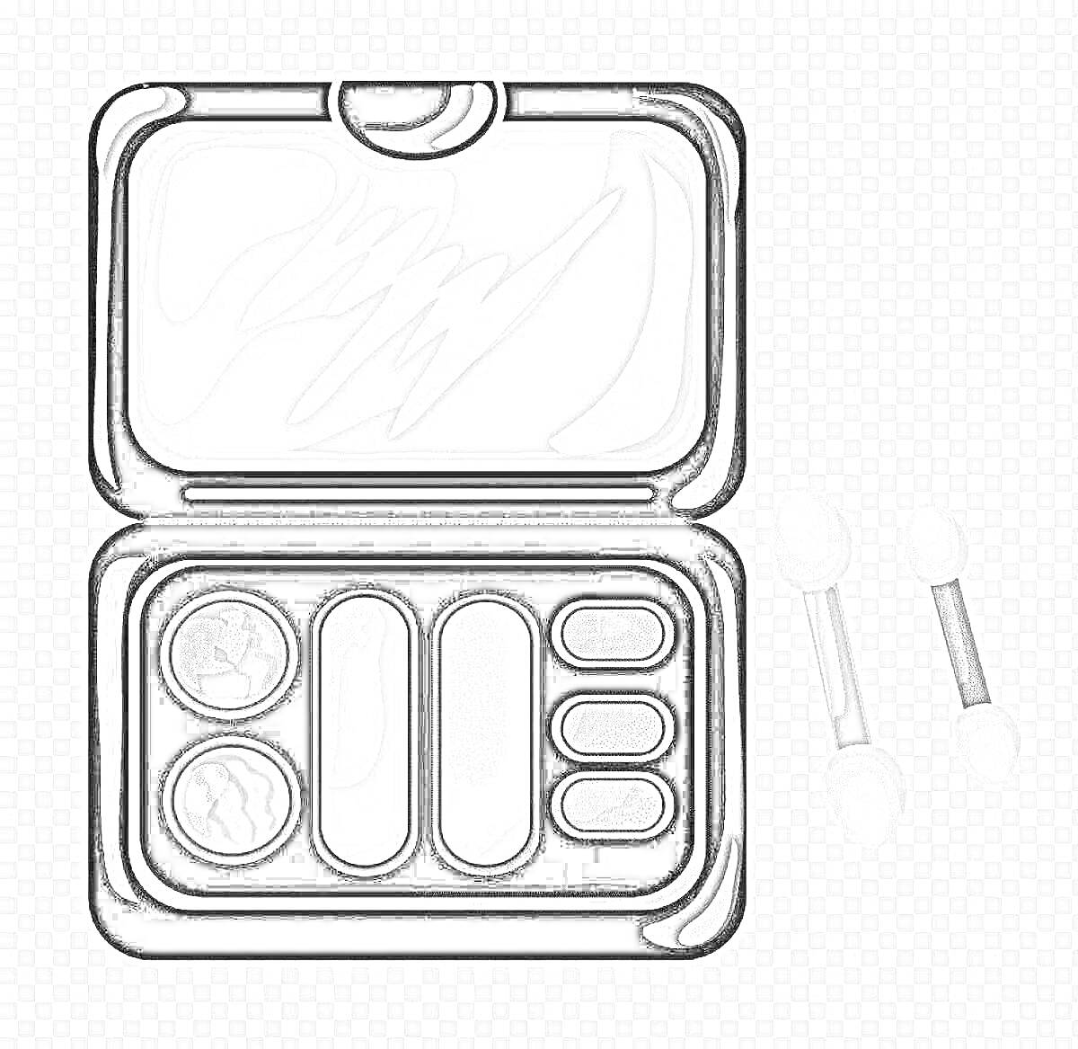 На раскраске изображено: Тени для глаз, Футляр, Зеркало, Макияж, Косметика