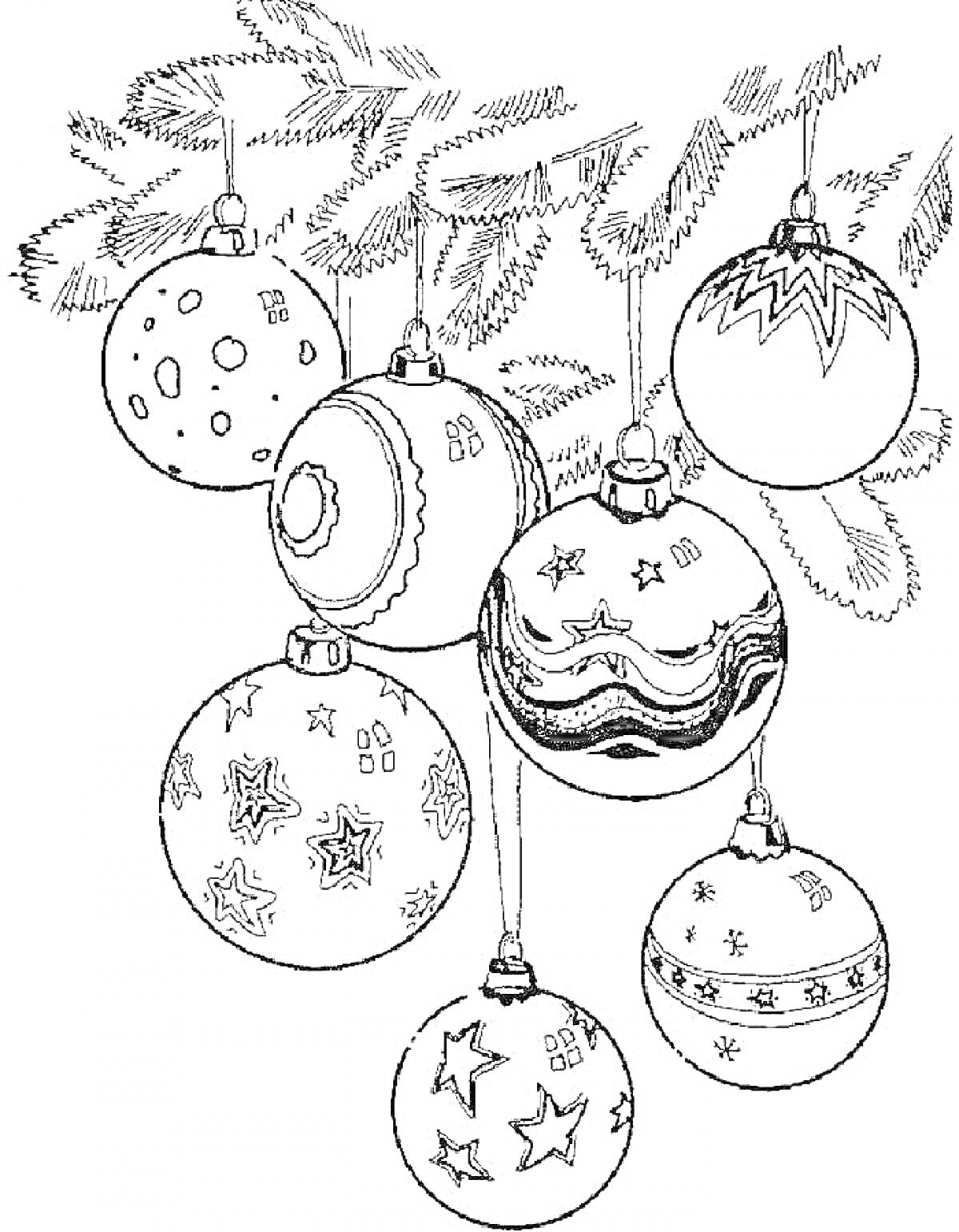 Раскраска новогодние шары на елке с различными узорами и ветками елки