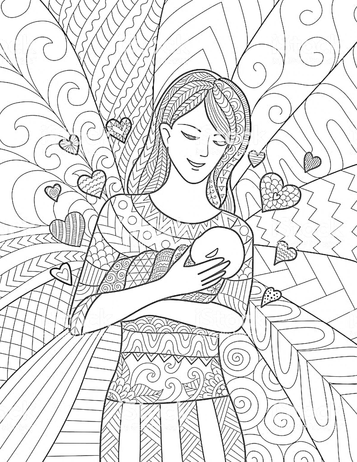 Раскраска Женщина с ребенком на руках, на фоне узоров и сердечек
