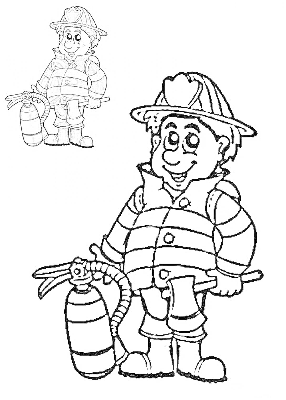 На раскраске изображено: Огнетушитель, Форма, Безопасность, Профессия, Пожарная служба