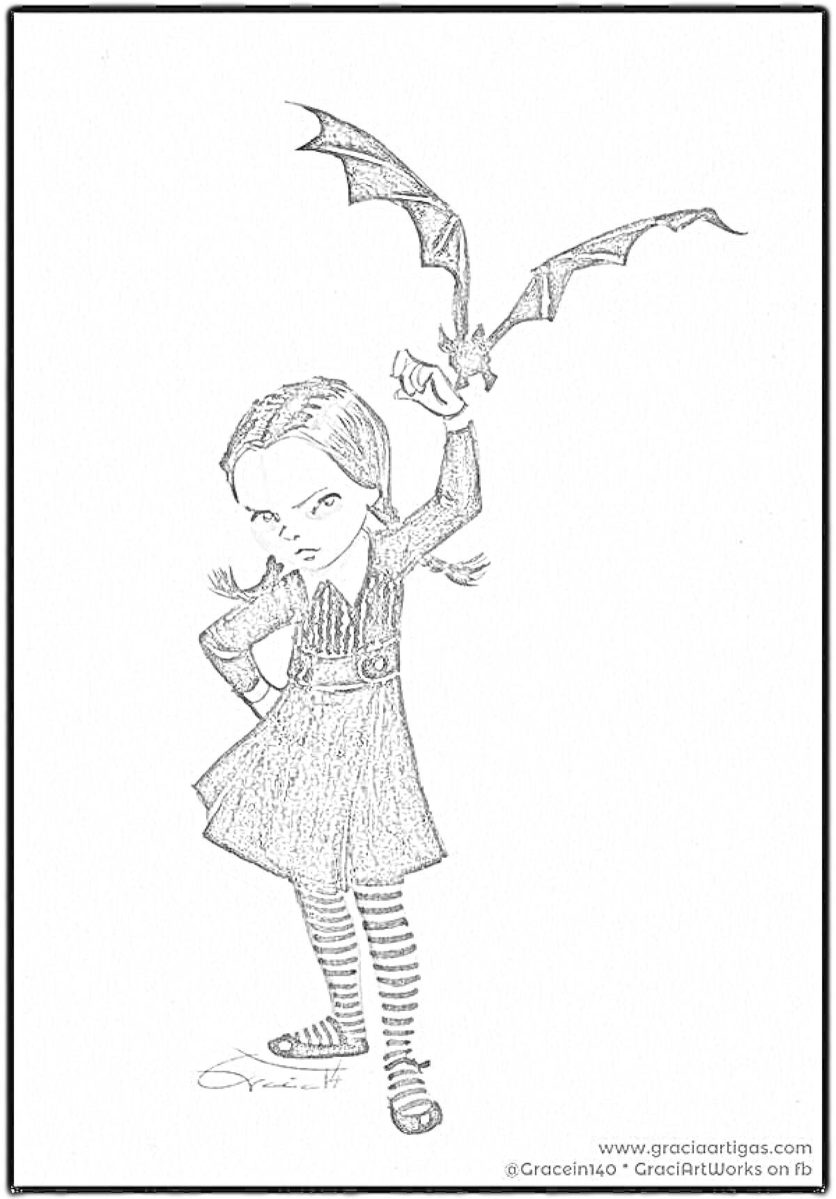На раскраске изображено: Wednesday Addams, Летучая мышь, Полосатые чулки, Черное платье, Карикатура, Персонаж