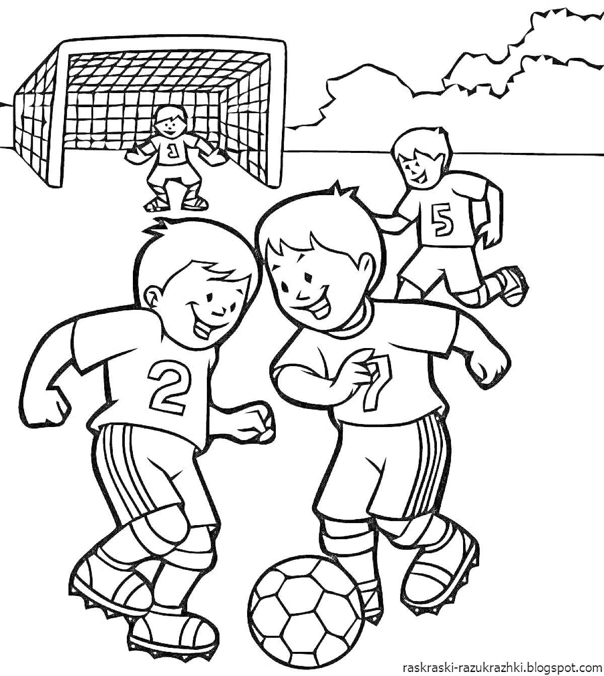Раскраска Дети играют в футбол: трое мальчиков в футболках с номерами 2, 7 и 5, футбольный мяч, ворота, футбольное поле, деревья на заднем плане