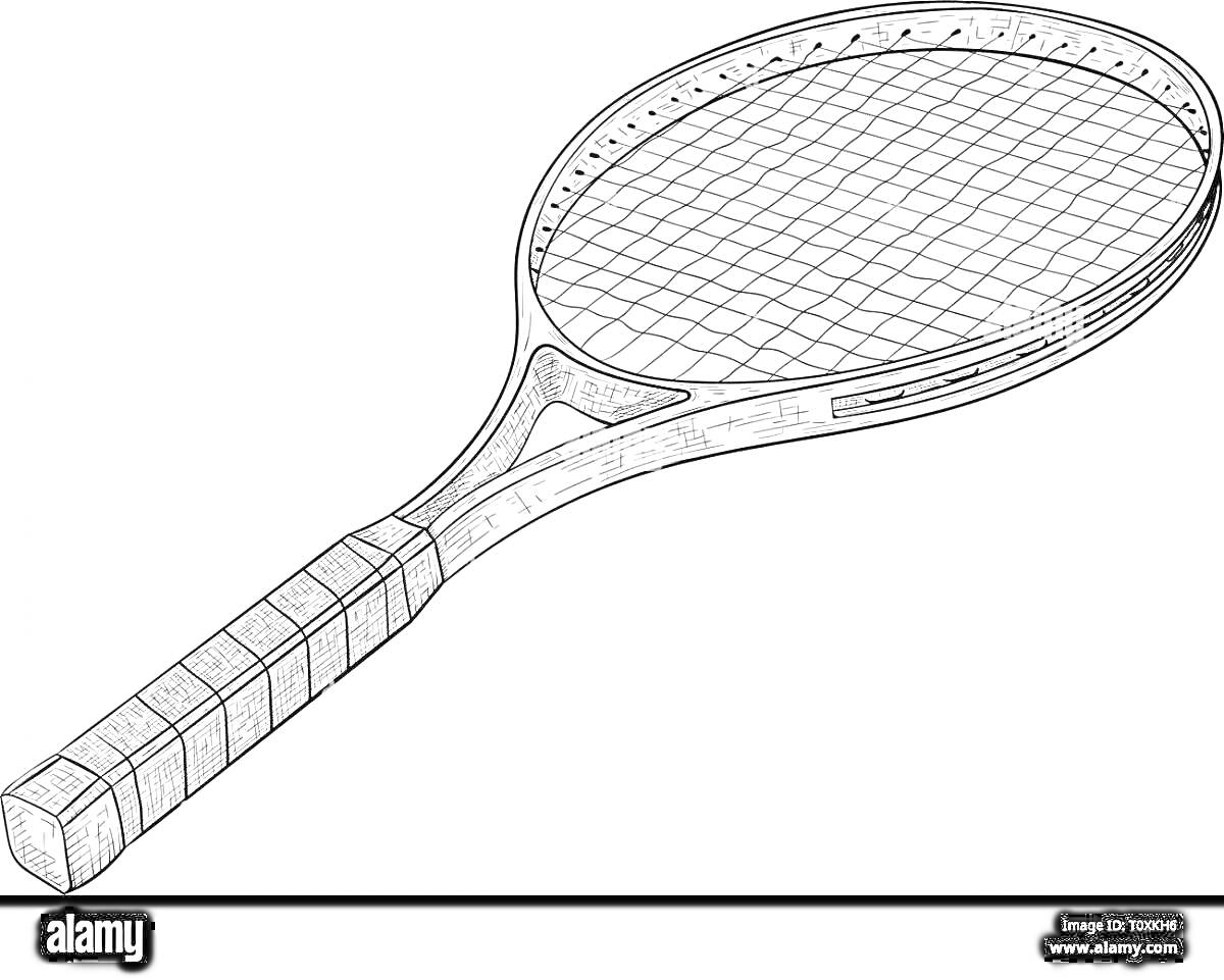 На раскраске изображено: Теннисная ракетка, Спорт, Оборудование, Ручка, Струны, Сетка