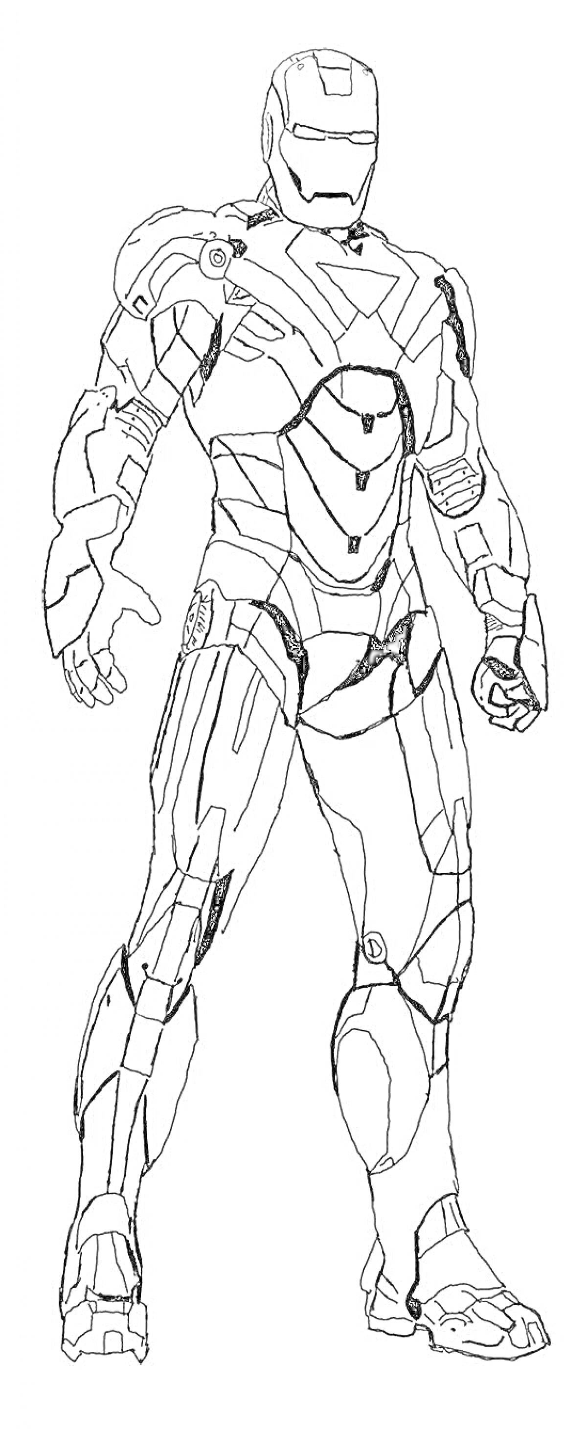 Раскраска Железный человек в костюме Mark L, стоящий в боевой стойке