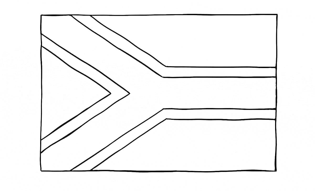 Раскраска Флаг Южно-Африканской Республики с элементами линий и треугольников.