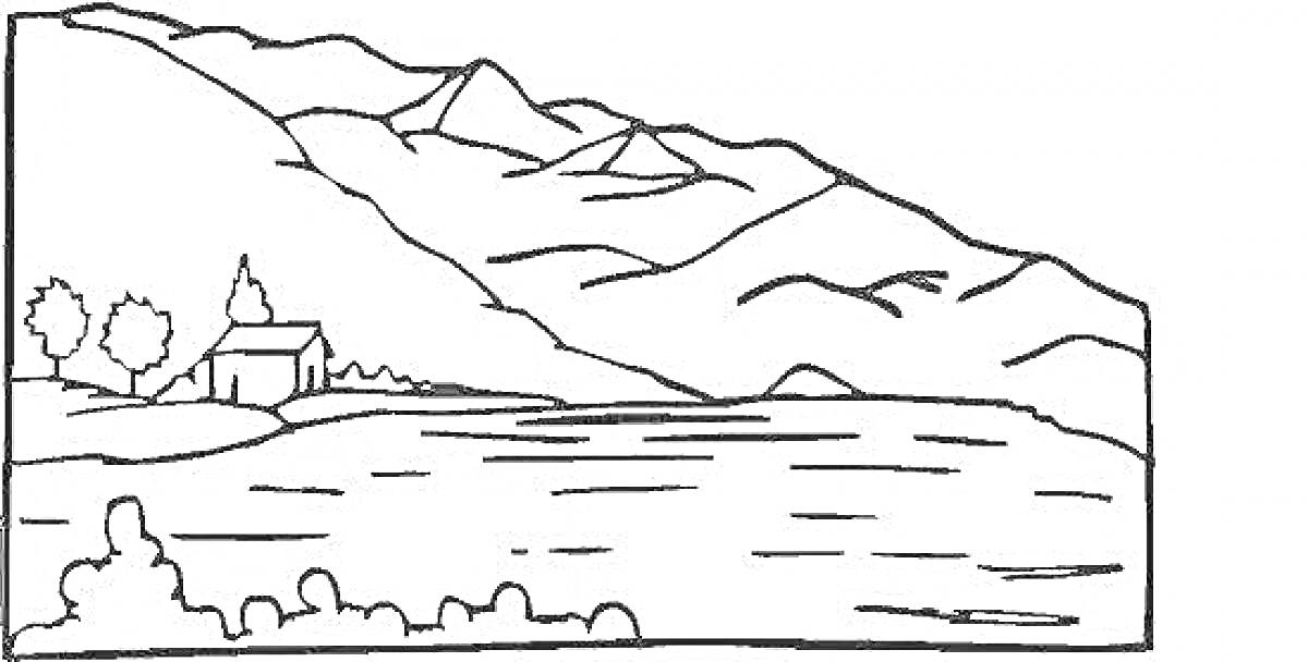Раскраска Вид на Байкал с домом, деревьями и горами