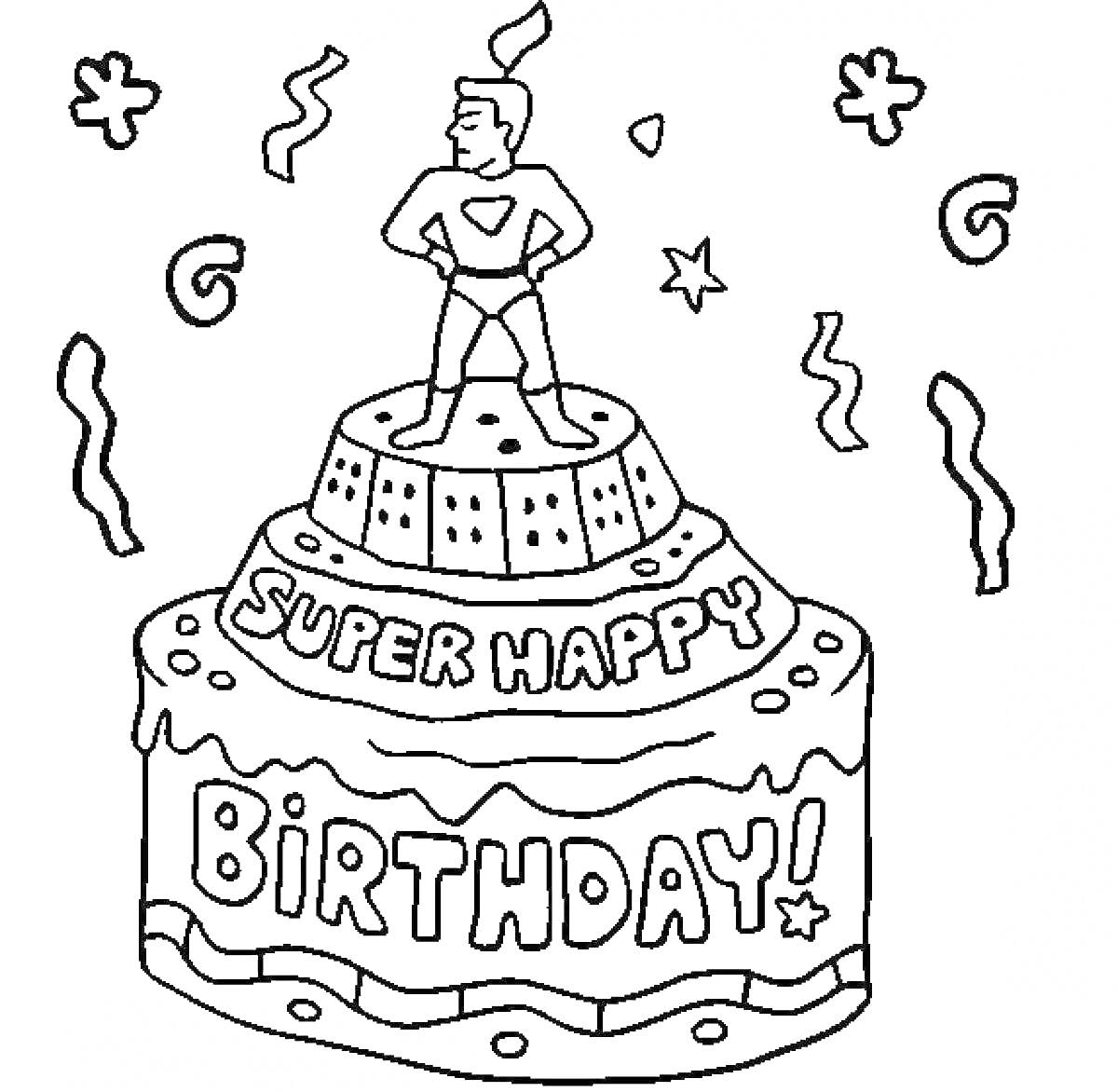 На раскраске изображено: Торт, День рождения, Звезды, Конфетти, Комикс стиль