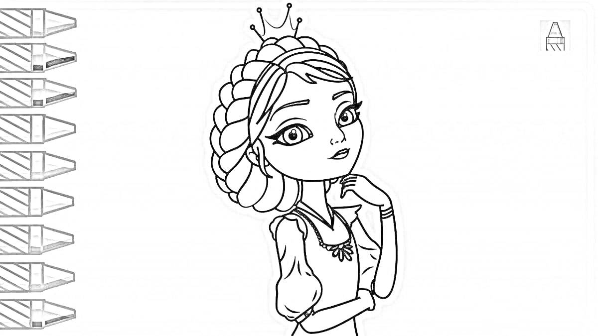 Раскраска Раскраска с изображением девочки в короне, с косами и платьем