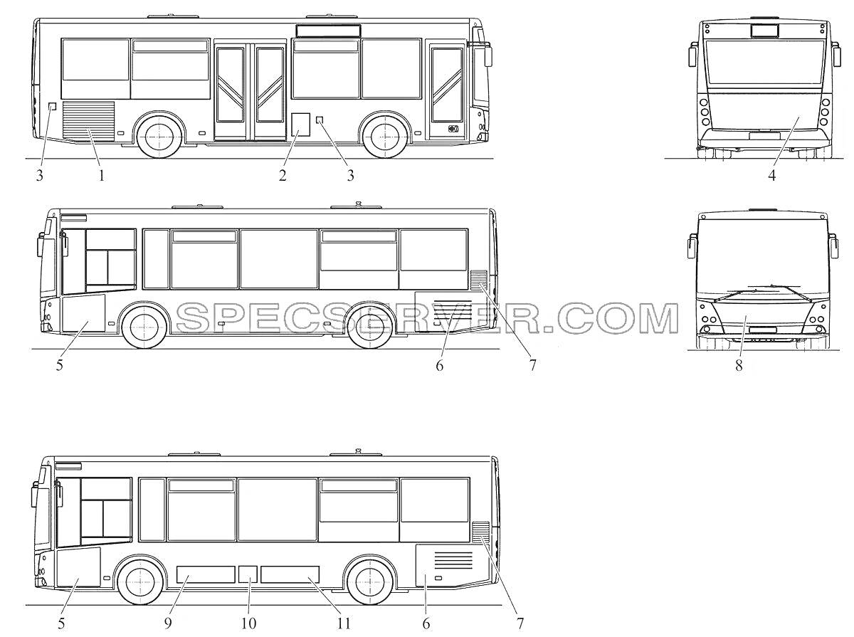 Автобус НЕФАЗ, боковой и передний вид, верхний вид, нижний вид, рисунок для раскраски
