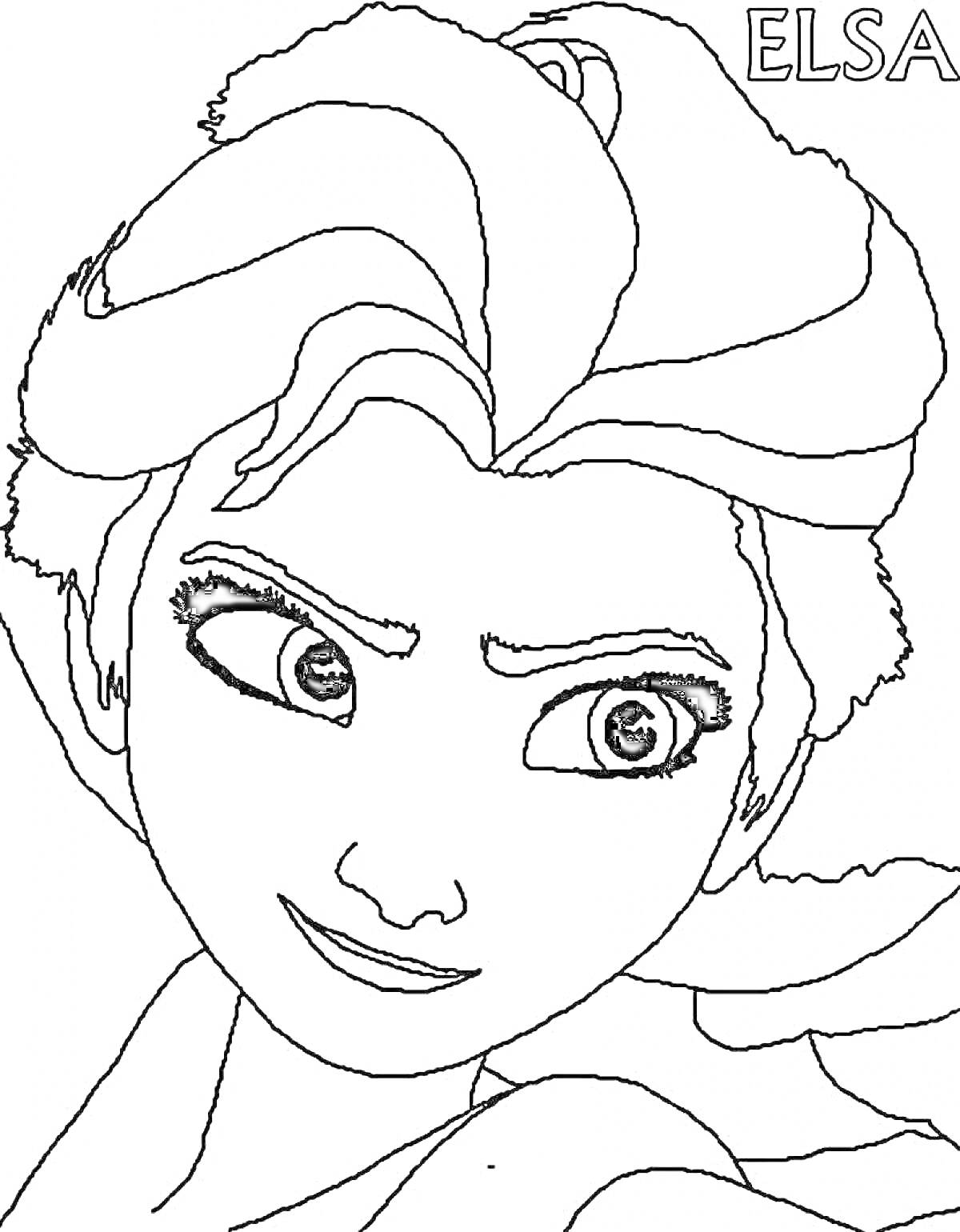 Раскраска Принцесса с волосами, обозначенными крупными волнами, крупные глаза, текст