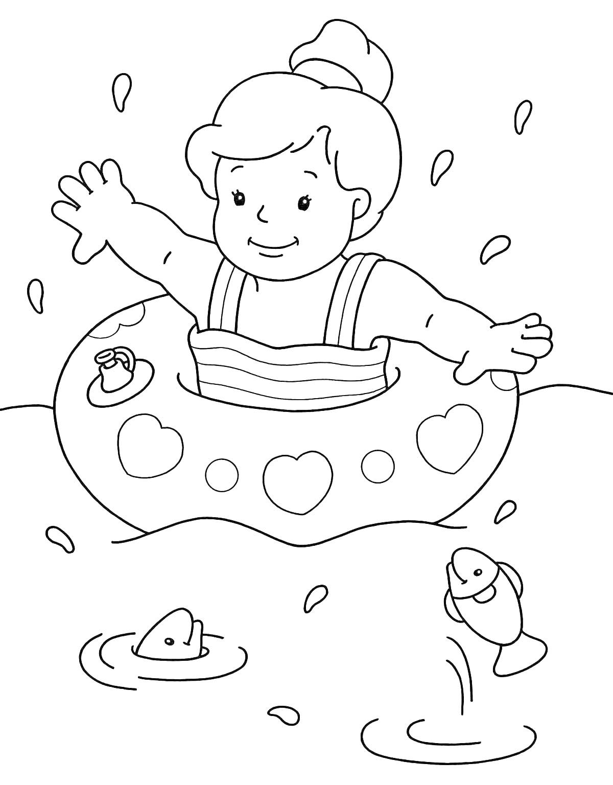 На раскраске изображено: Ребенок, Плавательный круг, Вода, Брызги, Плавание, Пляж, Для малышей