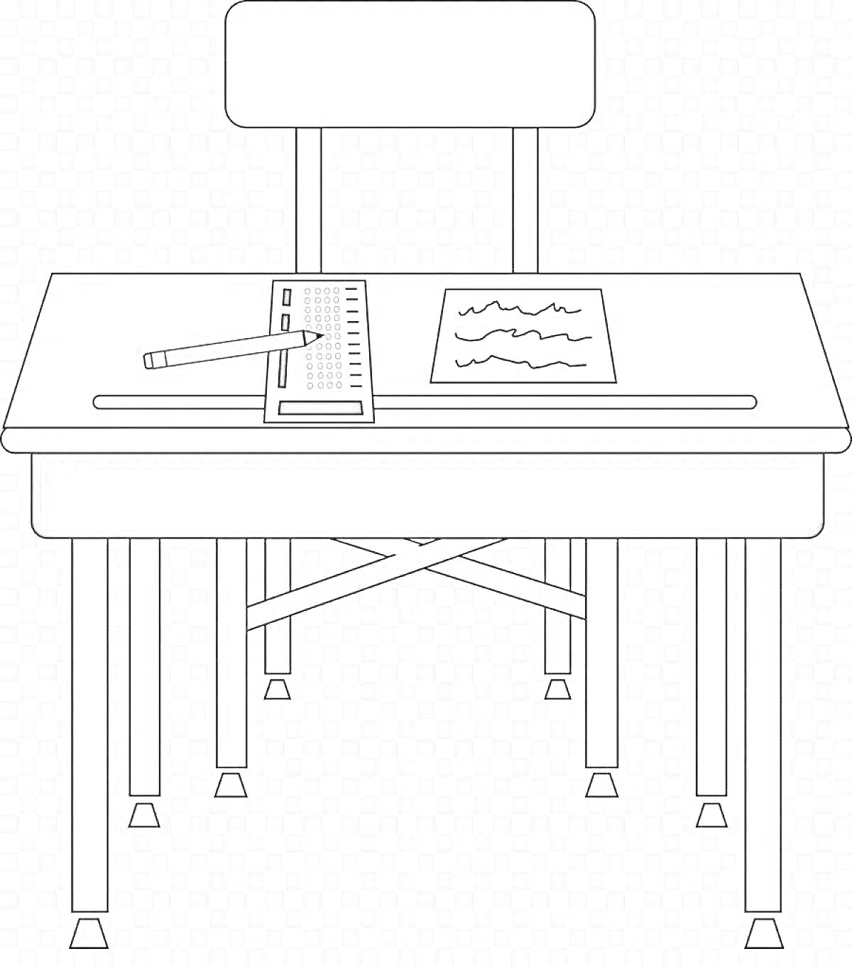 Раскраска Школьная парта с листом бумаги, линейкой, ручкой и стулом