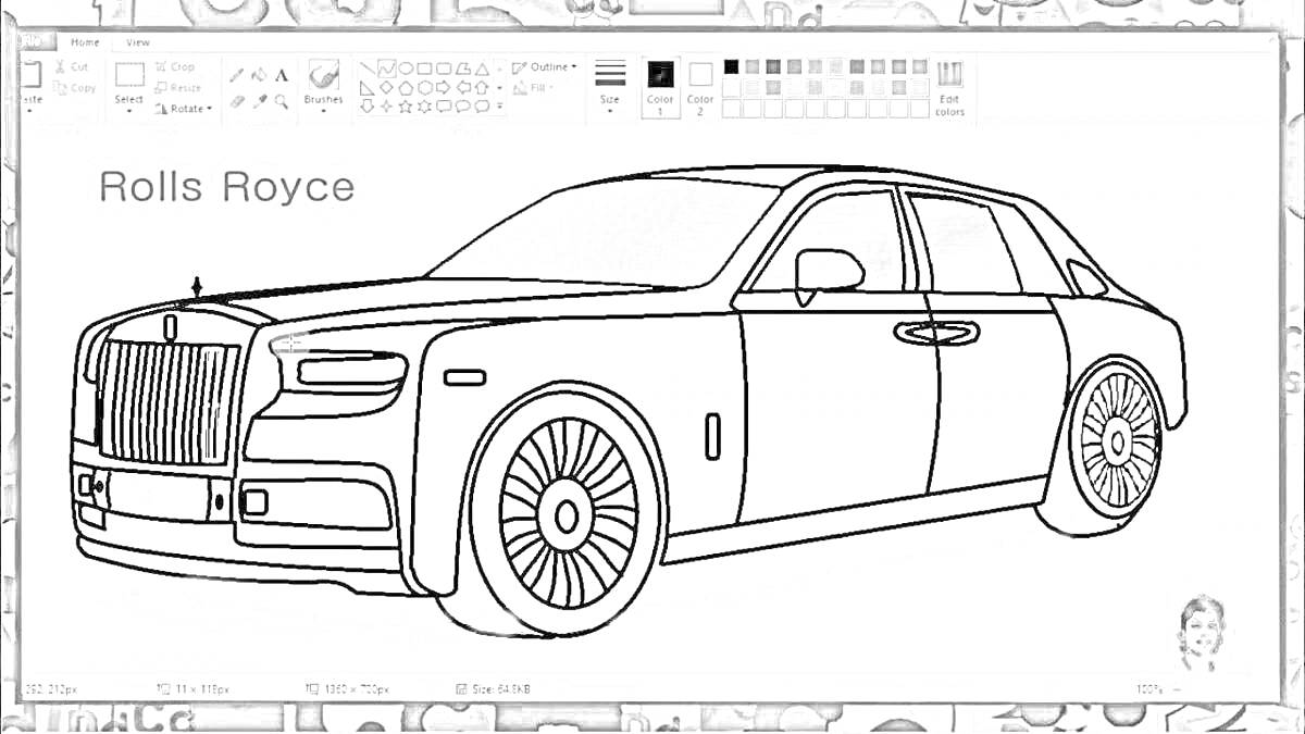 Раскраска Rolls Royce, автомобиль, колеса, передние фары, дверные ручки, окна, радиаторная решетка