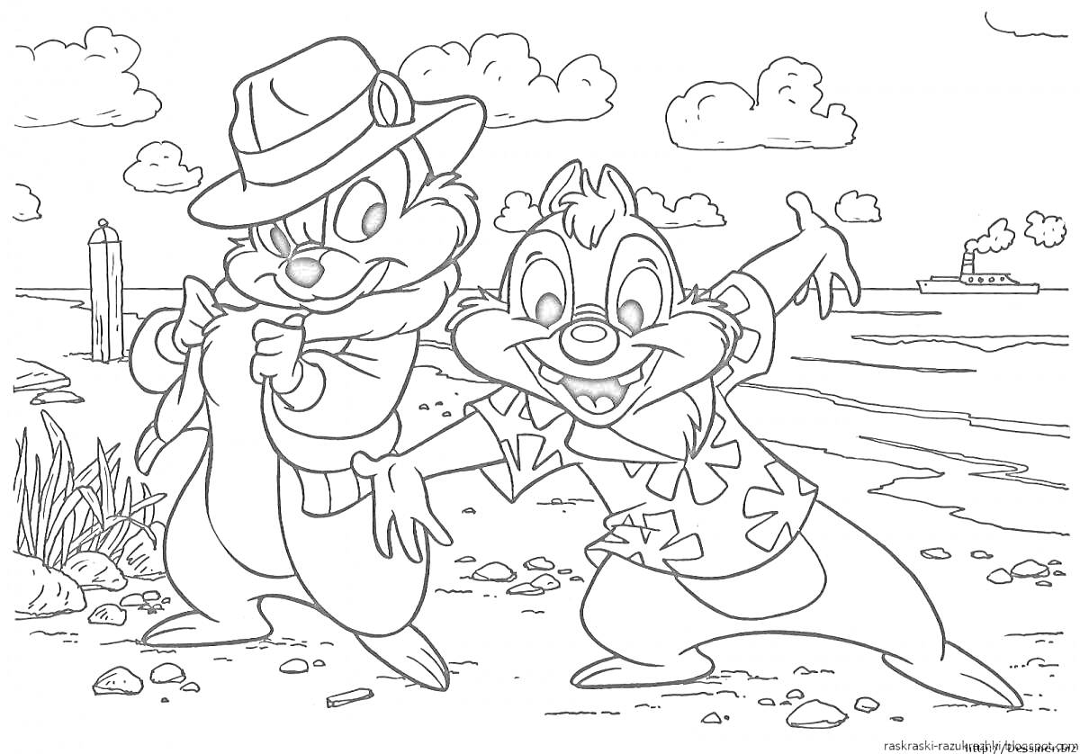 Раскраска Два анимационных персонажа на пляже с облаками на заднем плане, один с шляпой и плащом, другой в рубашке с цветами