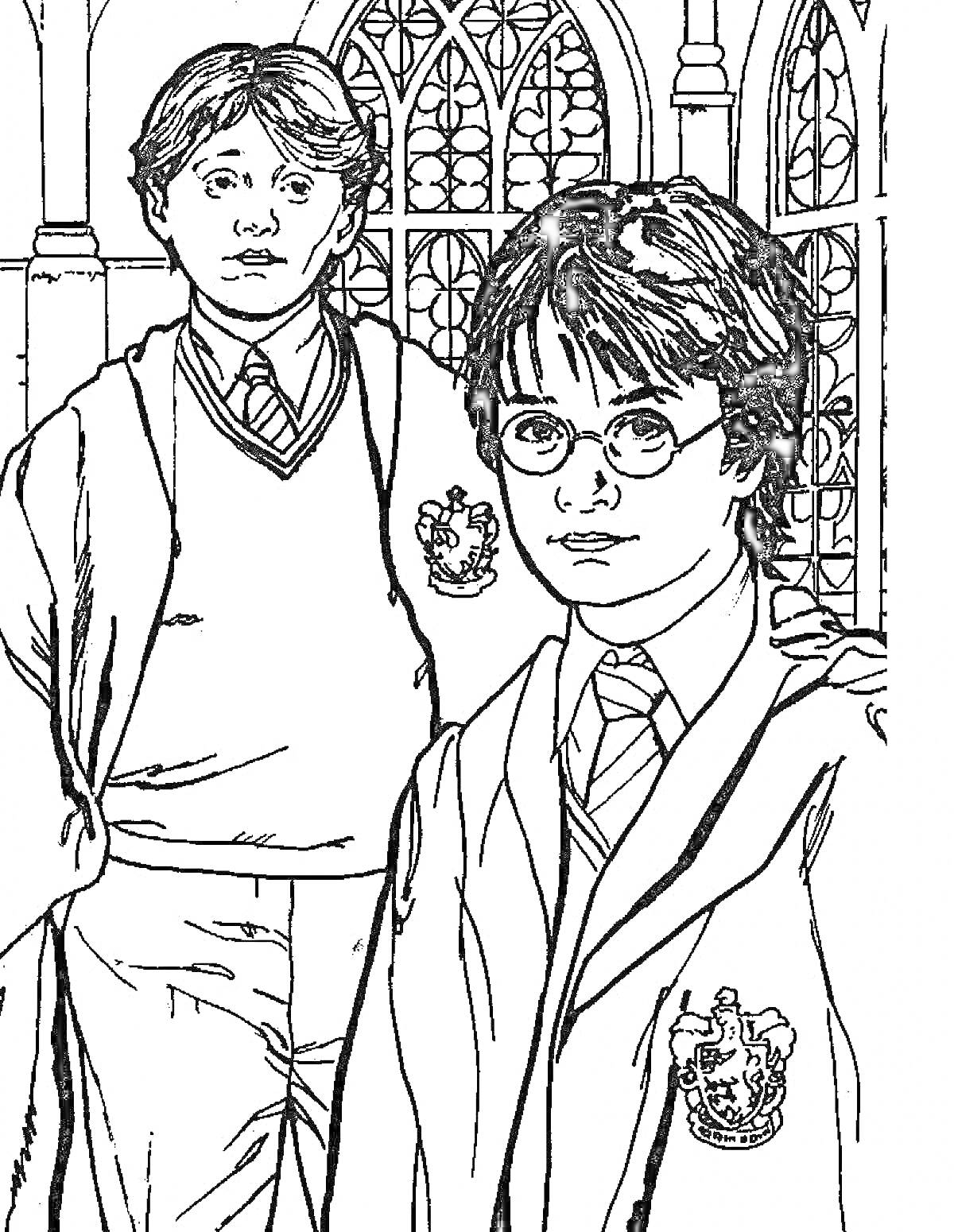 Раскраска Два персонажа в мантиях, один с очками, на фоне окна в стиле готики
