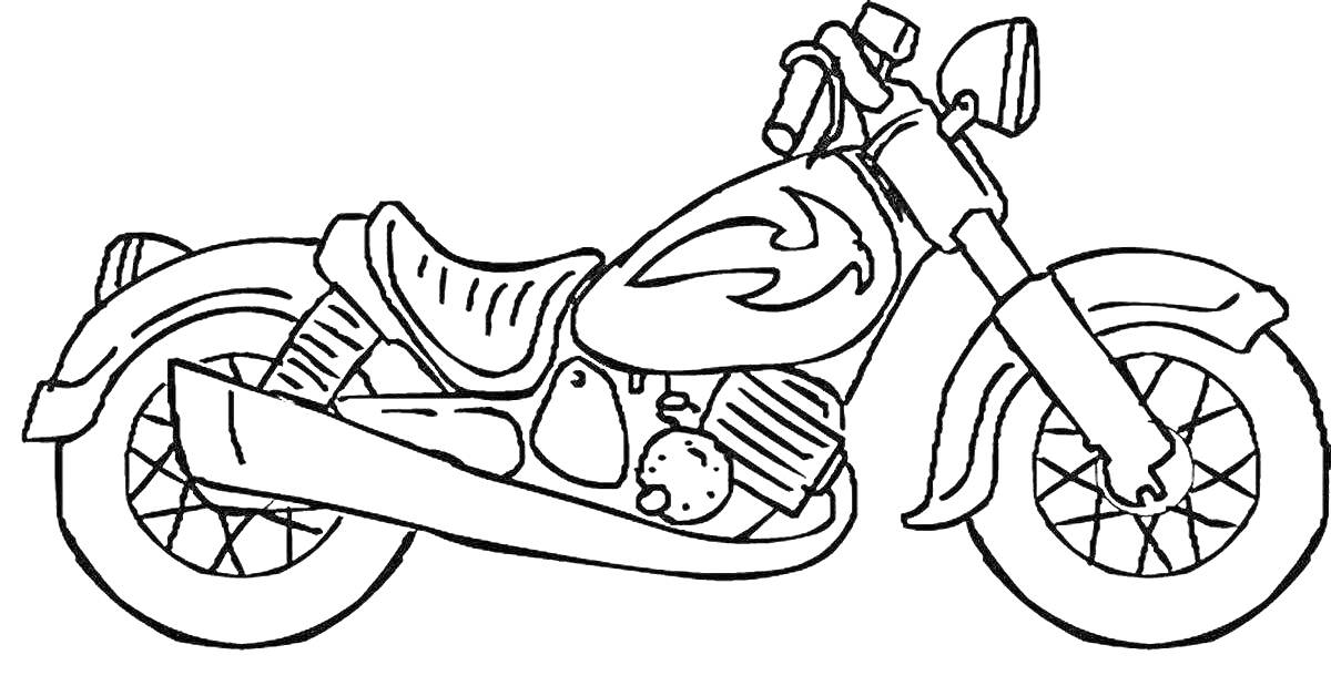 На раскраске изображено: Мотоцикл, Транспорт, Байк, Для мальчиков, Огонь, Узоры