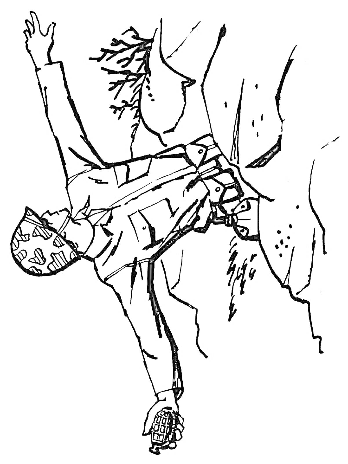 Раскраска Солдат в камуфляже с гранатой, стоящий с поднятой рукой возле скал