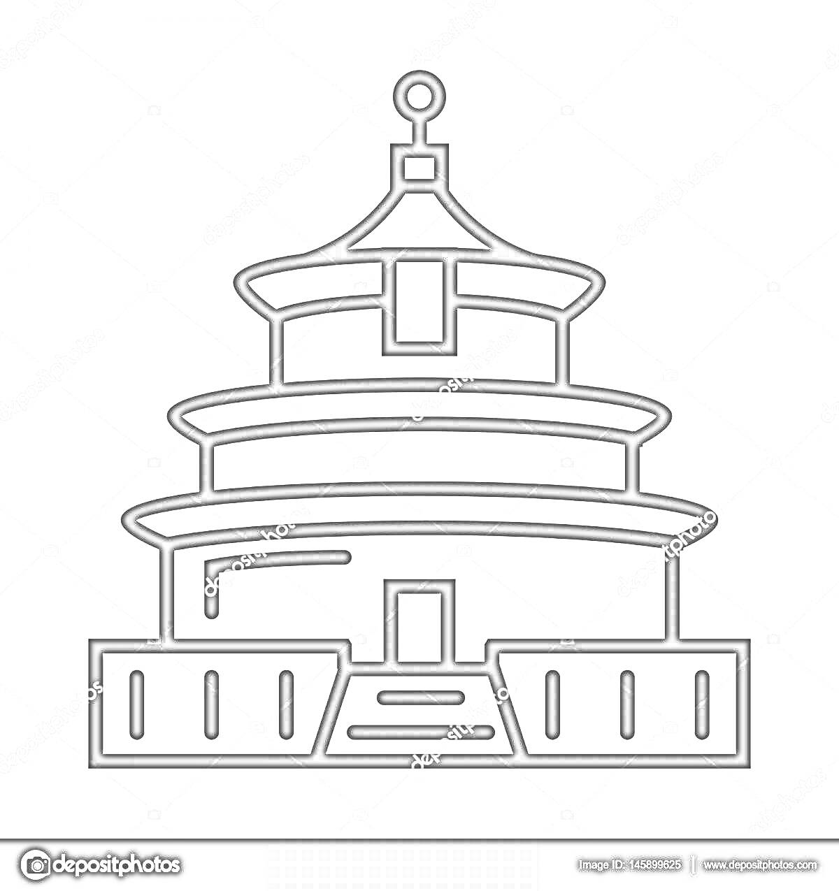 Раскраска Китайский храм с многоярусной крышей и ступенями