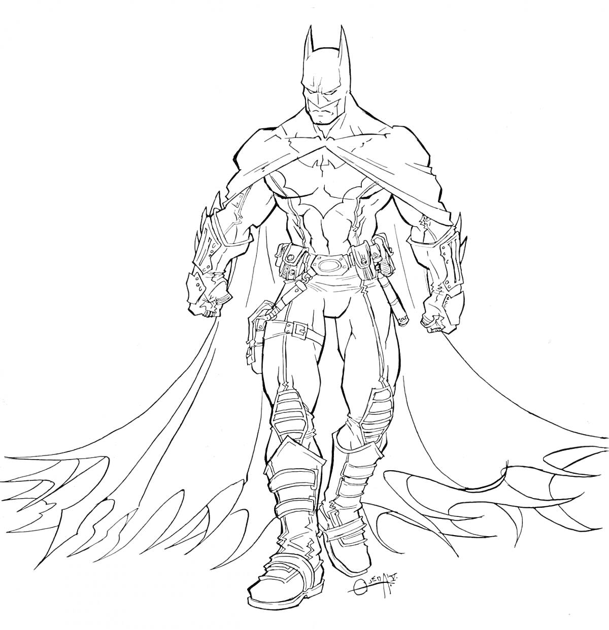 Раскраска Бэтмен в боевой экипировке со струящейся на ветру накидкой