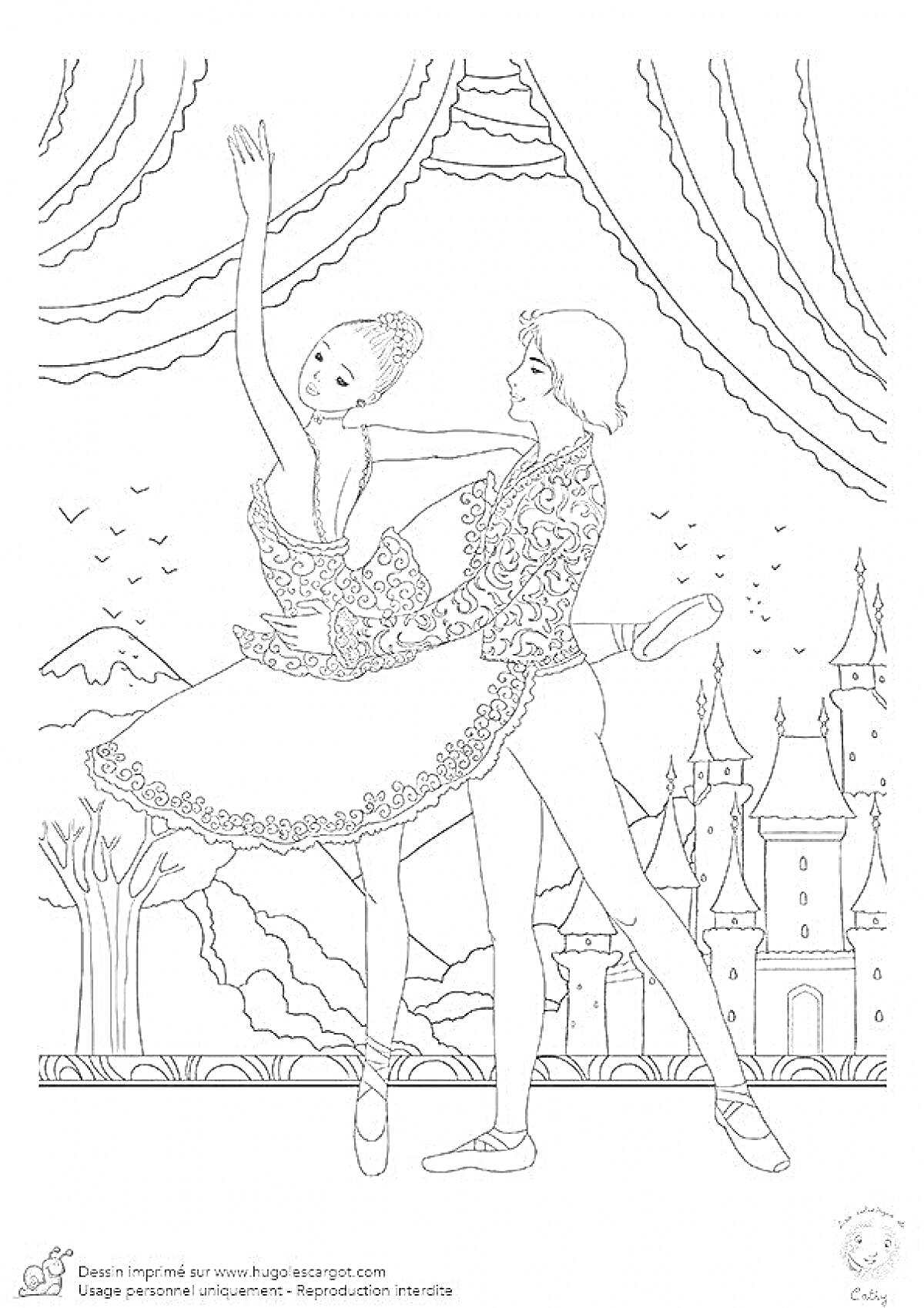 Раскраска Балетная пара на фоне замка и занавеса, с пролетающими птицами и деревьями