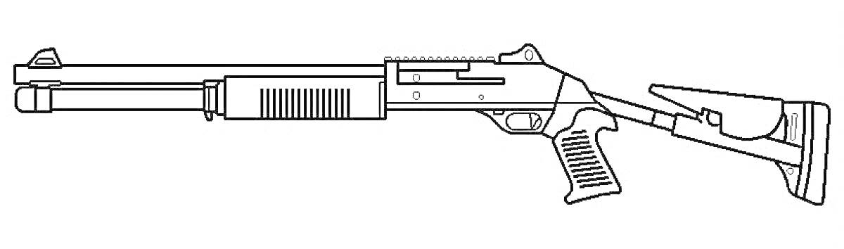 На раскраске изображено: Дробовик, Оружие, Приклад, Пистолетная рукоятка, Ствол, Винтовка, Огнестрельное оружие, Контурные рисунки
