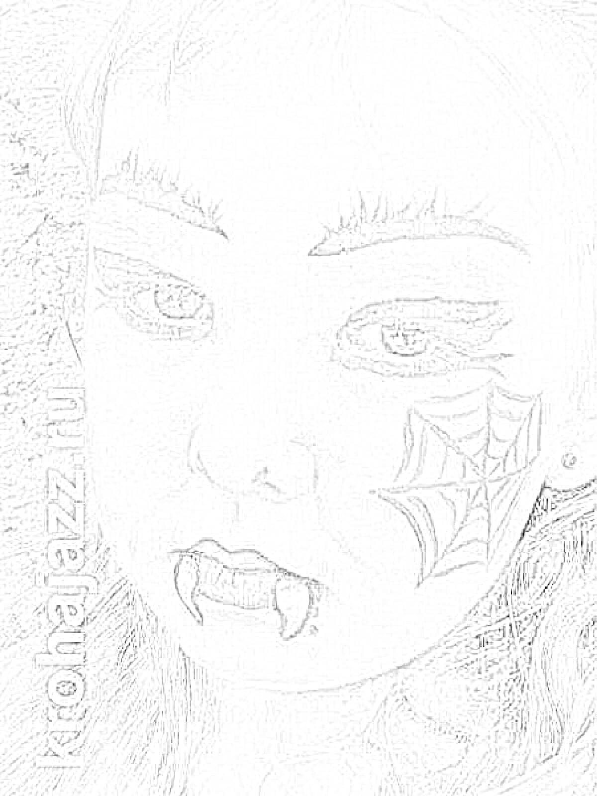 Раскраска Макияж для коляды: паутина на щеке, вампирские клыки, темные губы и брови седого цвета