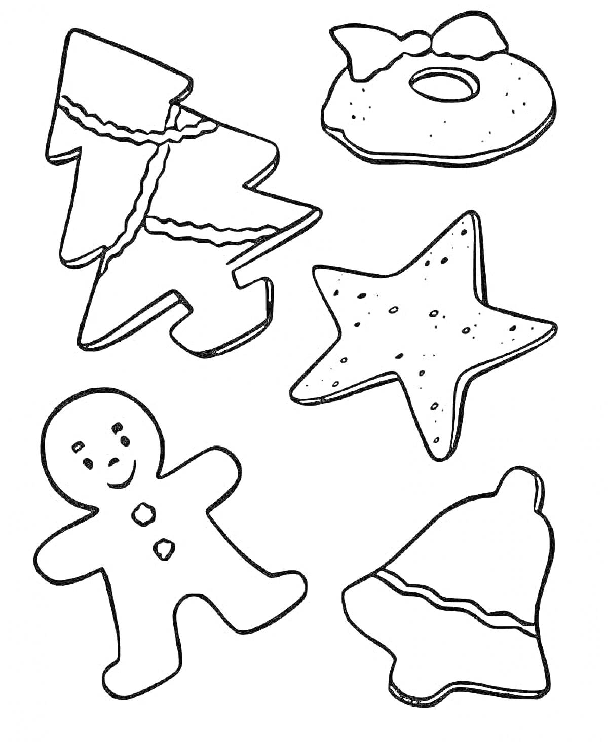 Раскраска Ёлка, пончик с бантиком, звезда, человечек, колокольчик