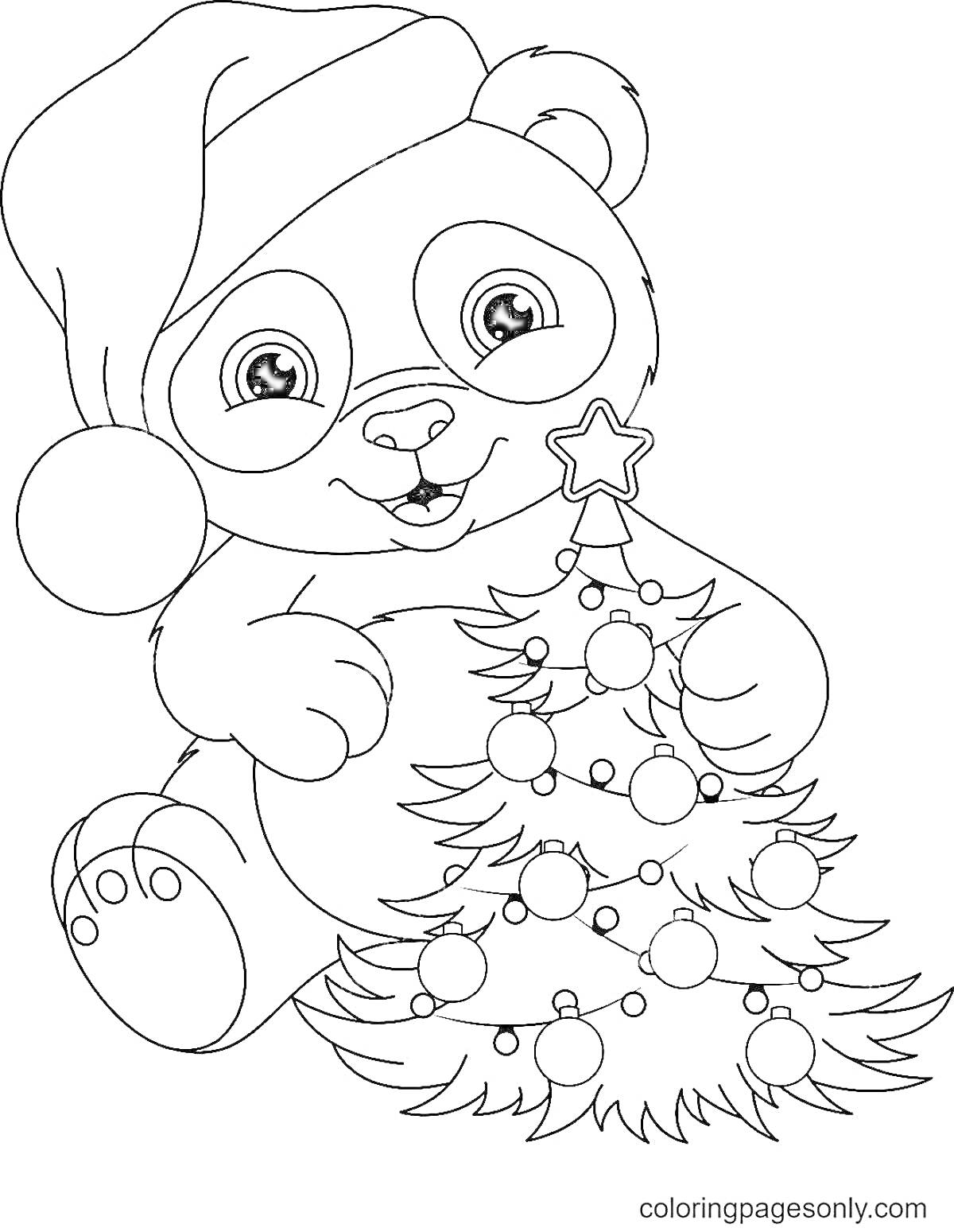 На раскраске изображено: Шапка Санты, Рождественская елка, Новогодние украшения, Новый год