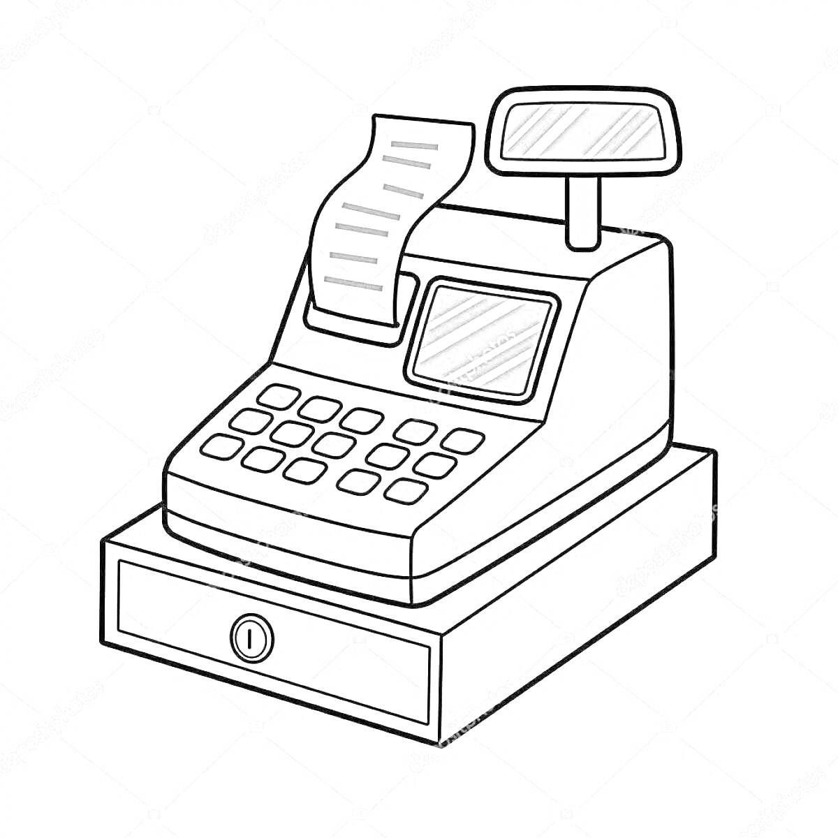 Раскраска Касса с клавиатурой, экраном, чеком и ящиком для денег