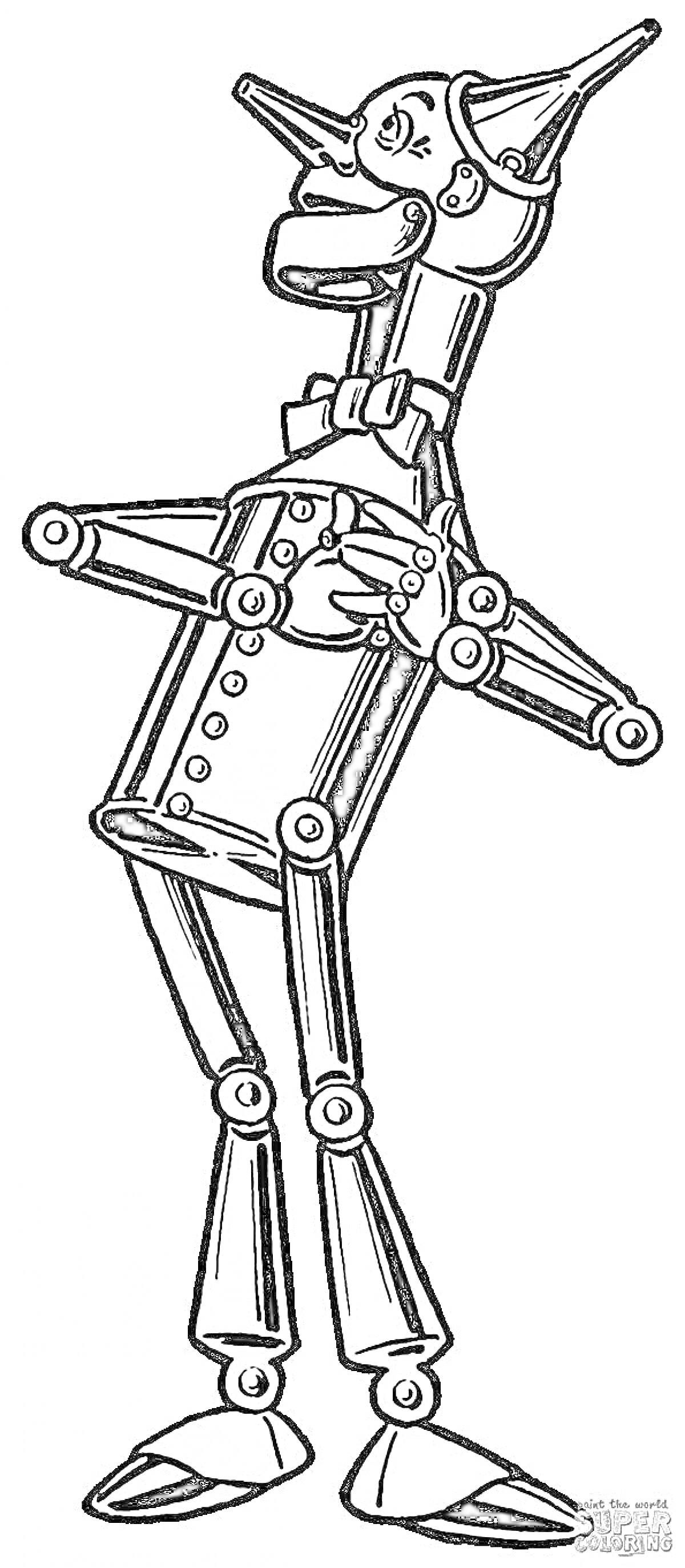 Раскраска Роботизированный дровосек с носом в форме конуса, цилиндрическим телом, шарнирными конечностями и бабочкой на шее