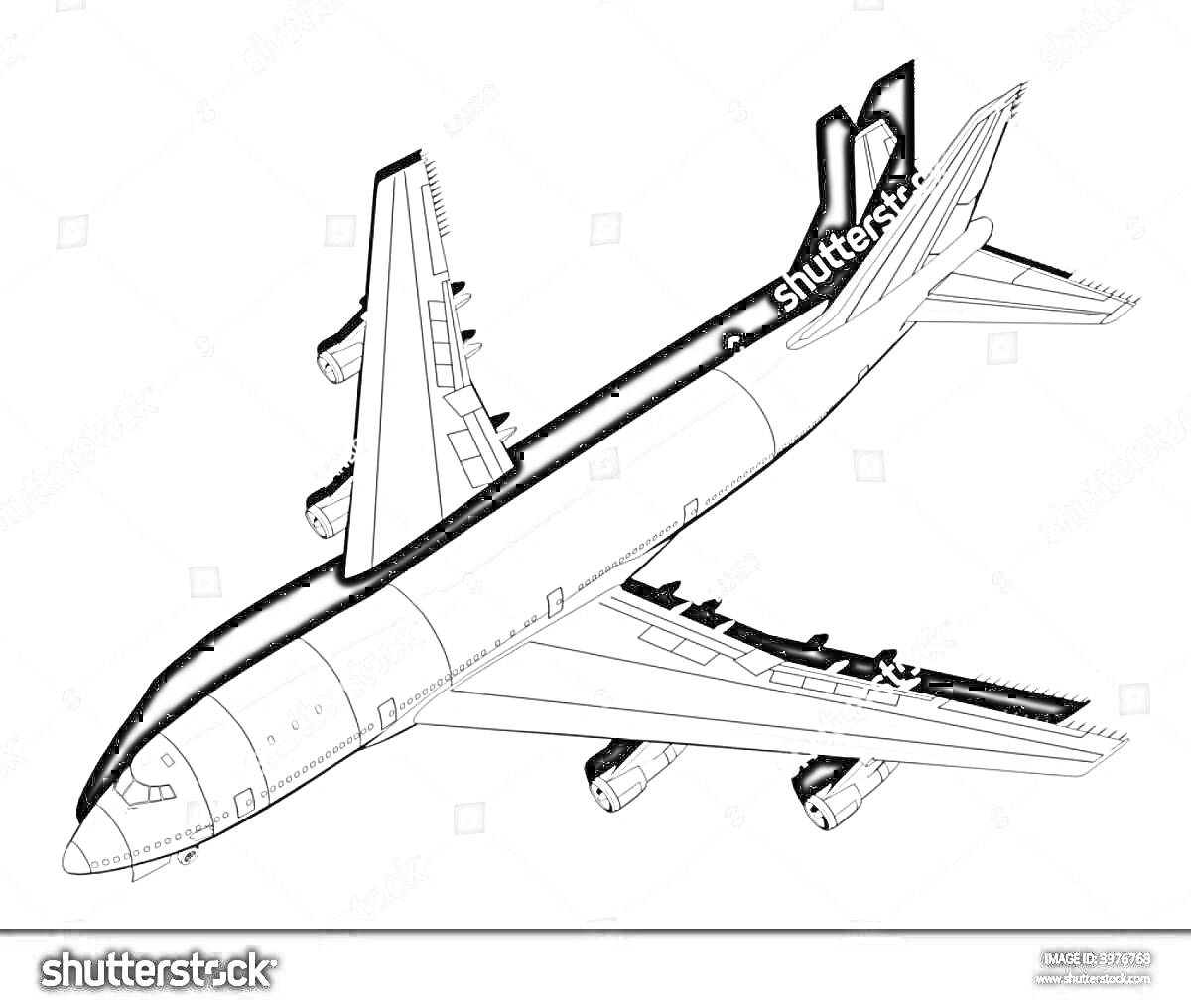 На раскраске изображено: Боинг 747, Авиация, Пассажирский самолет, Крылья, Авиационная техника