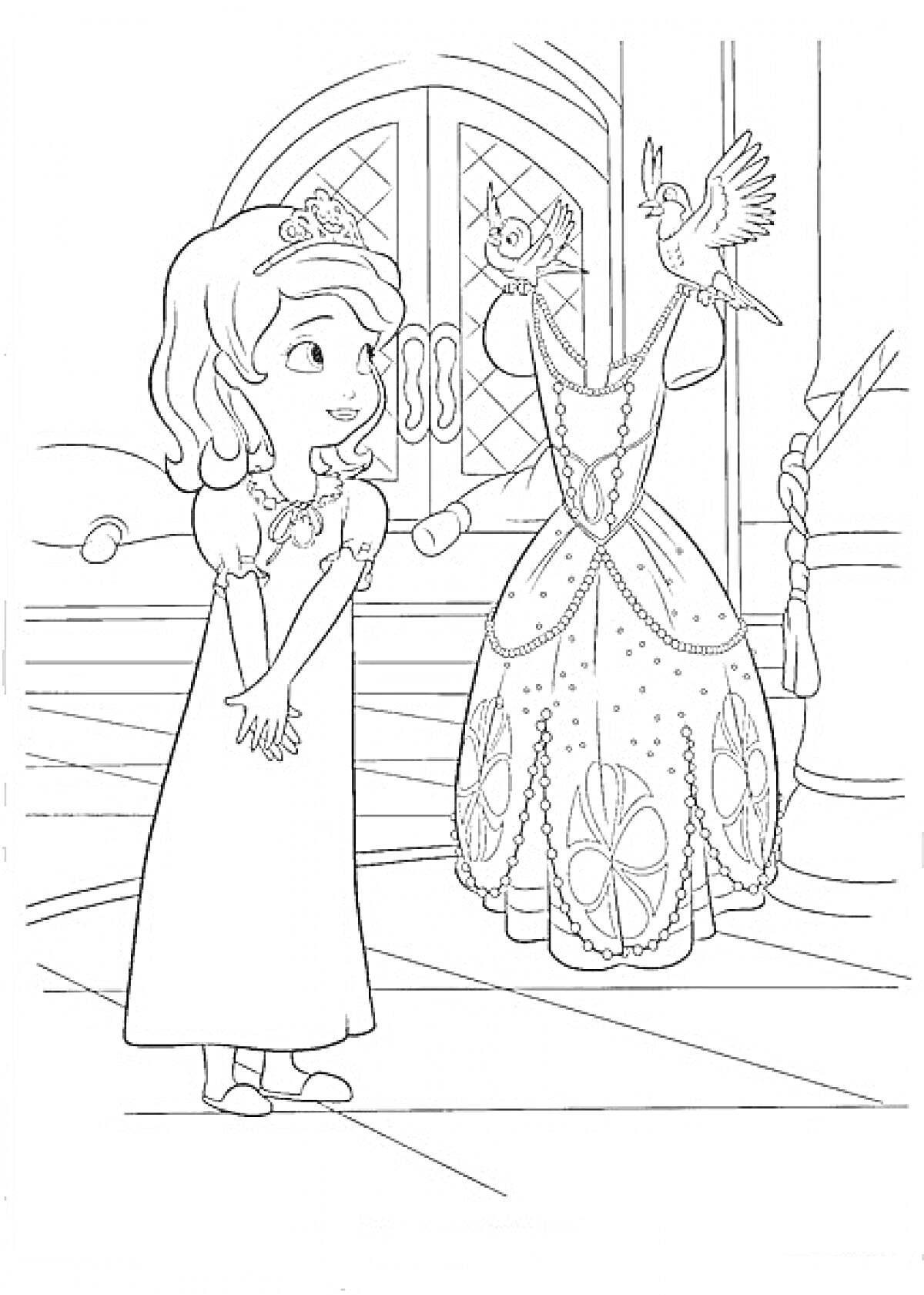 Раскраска Принцесса София любуется платьем и птицами на плечиках в замке