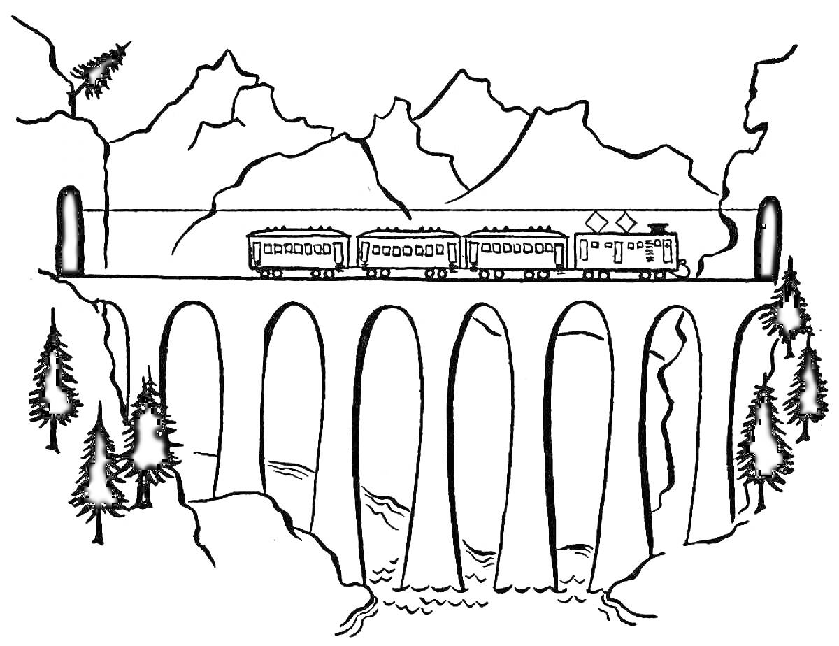 Раскраска Мост с арками, поезд, горы, деревья, река
