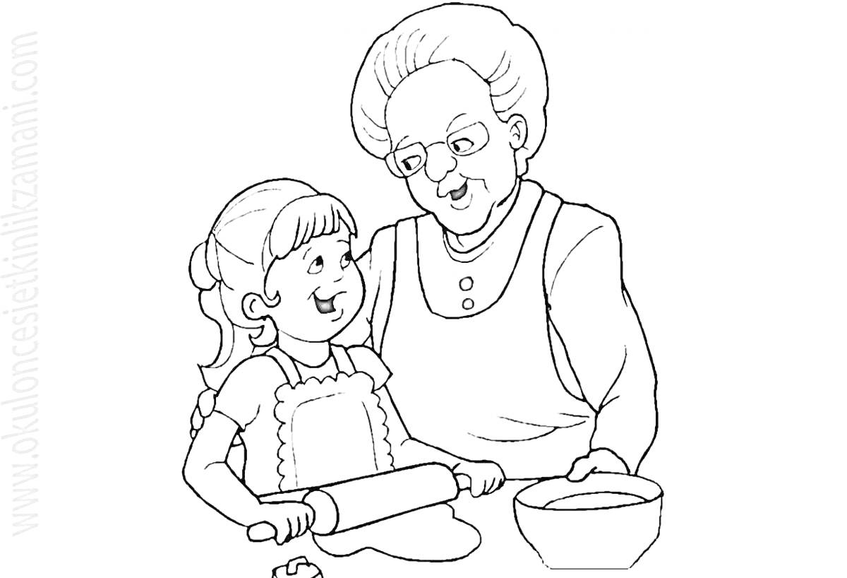 Раскраска бабушка и внучка готовят, скалка, тесто, миска, улыбки