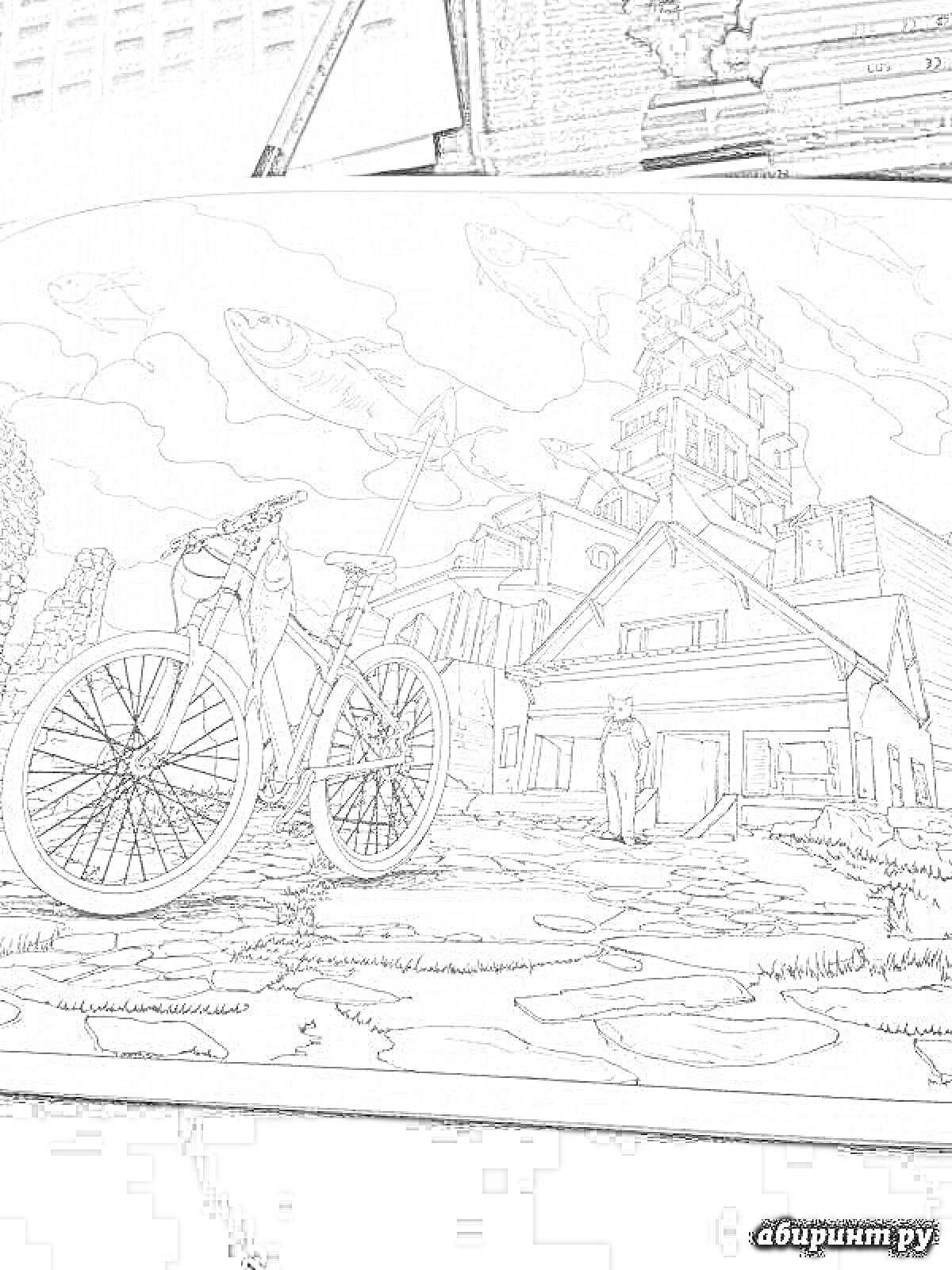 На раскраске изображено: Велосипед, Здание, Природа, Архитектура, Башни, Путешествия